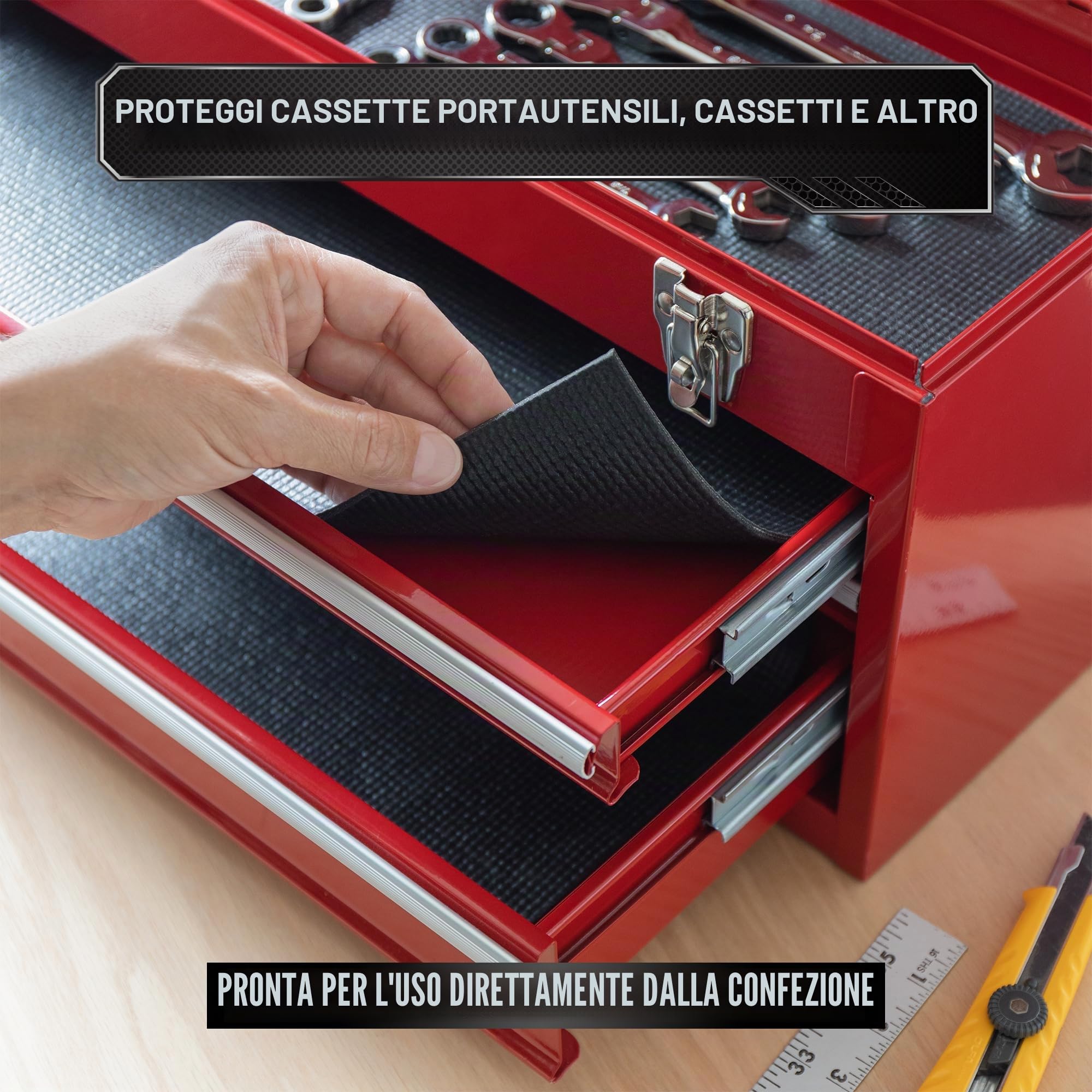 Precision Defined Rivestimento Cassetti Attrezzi e Banco da Lavoro (61 x 3 m), Nero – Tappetino Gomma Antiscivolo per Carrello da Lavoro e Cassetta Attrezzi – Tappetino per Cassetti Officina