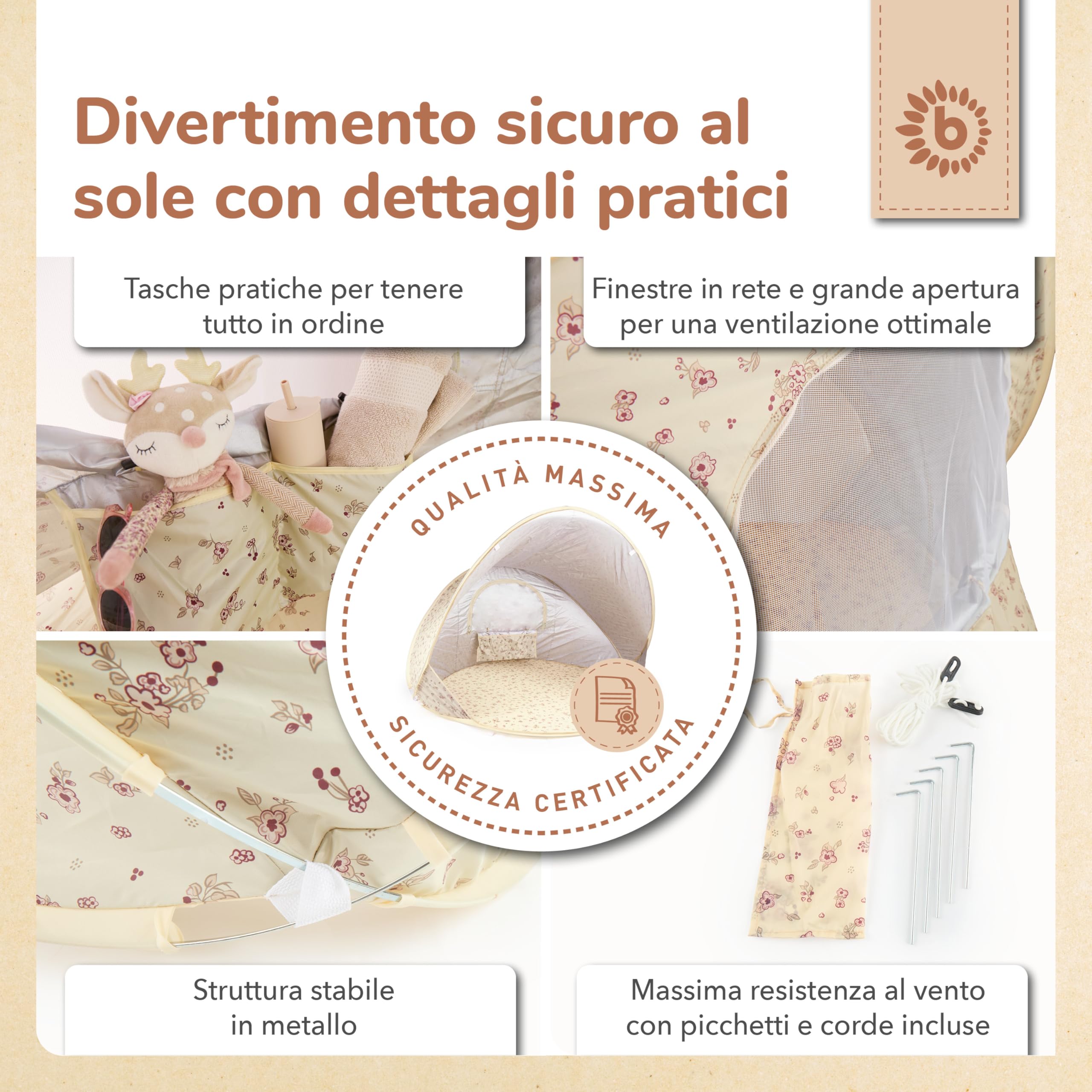 Bieco Ella Tenda da Spiaggia Pop-up Vintage Flowers con Protezione UV 40+ | Tende Pop-up per Bambini per Viaggio