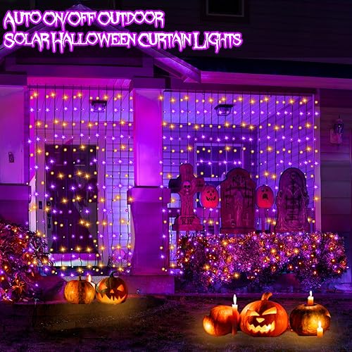 Miniatura 2 de Cortina de luces solares de Halloween moradas y naranjas para exteriores, 300 luces LED de 19.6 pies de largo x 2.6 pies de alto, cortina de luces