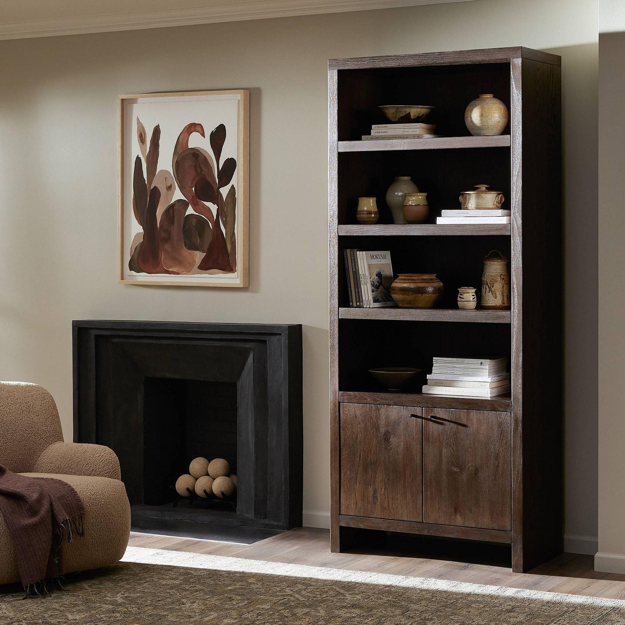 TGF Furniture Store Wooden Bookcase with Storage Cabinet – 4 Open Shelves & Bottom Door – Solid Wood Display Rack for Living Room & Office, Dark Brown Finish-image-8
