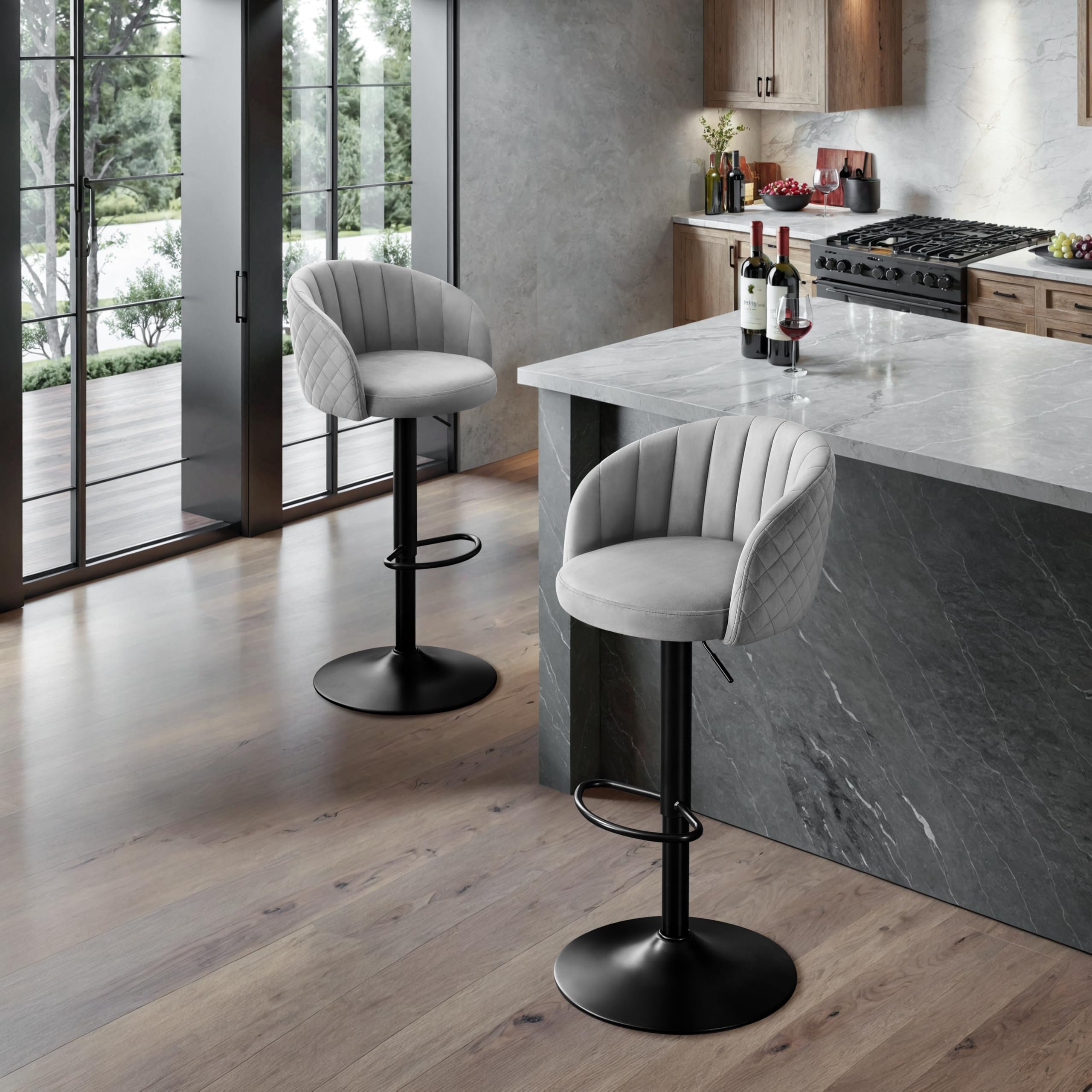 STOOLINK Barhocker 2er Set Höhenverstellbar Barstuhl Milch-samtstoff, Tresenhocker mit Lehne und Armlehne, Barhocker 360° Drehbar für Küche, Esszimmer, Café,Bistro-Grau