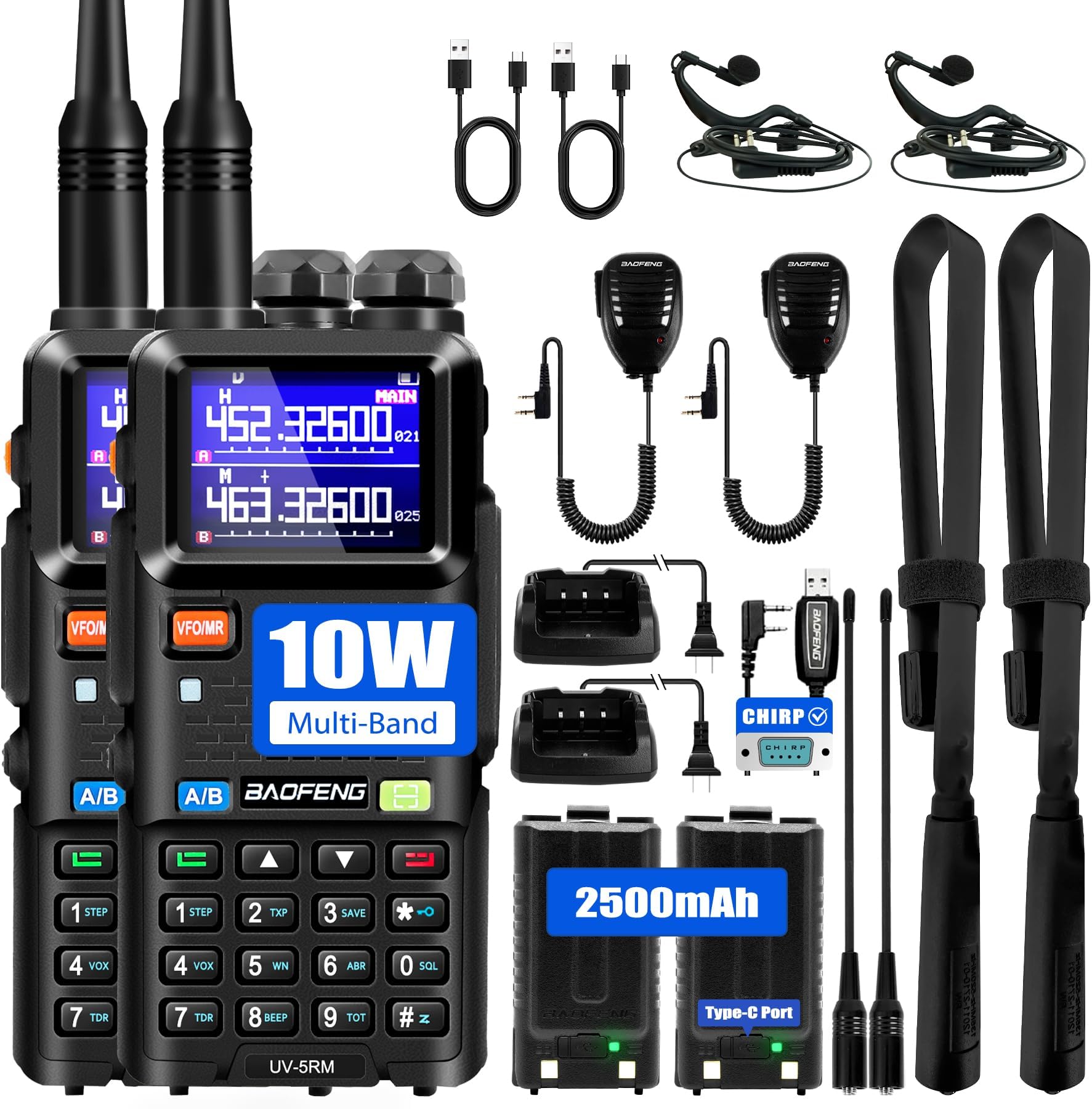 5RM Ham Radio 10W Long Range Handheld NOAA Weather Receiver 2500mAh Battery UV-5RM Radio with Programming Cable,Speaker Mic,Tactical Antenna,Type-C Charging,2Pack