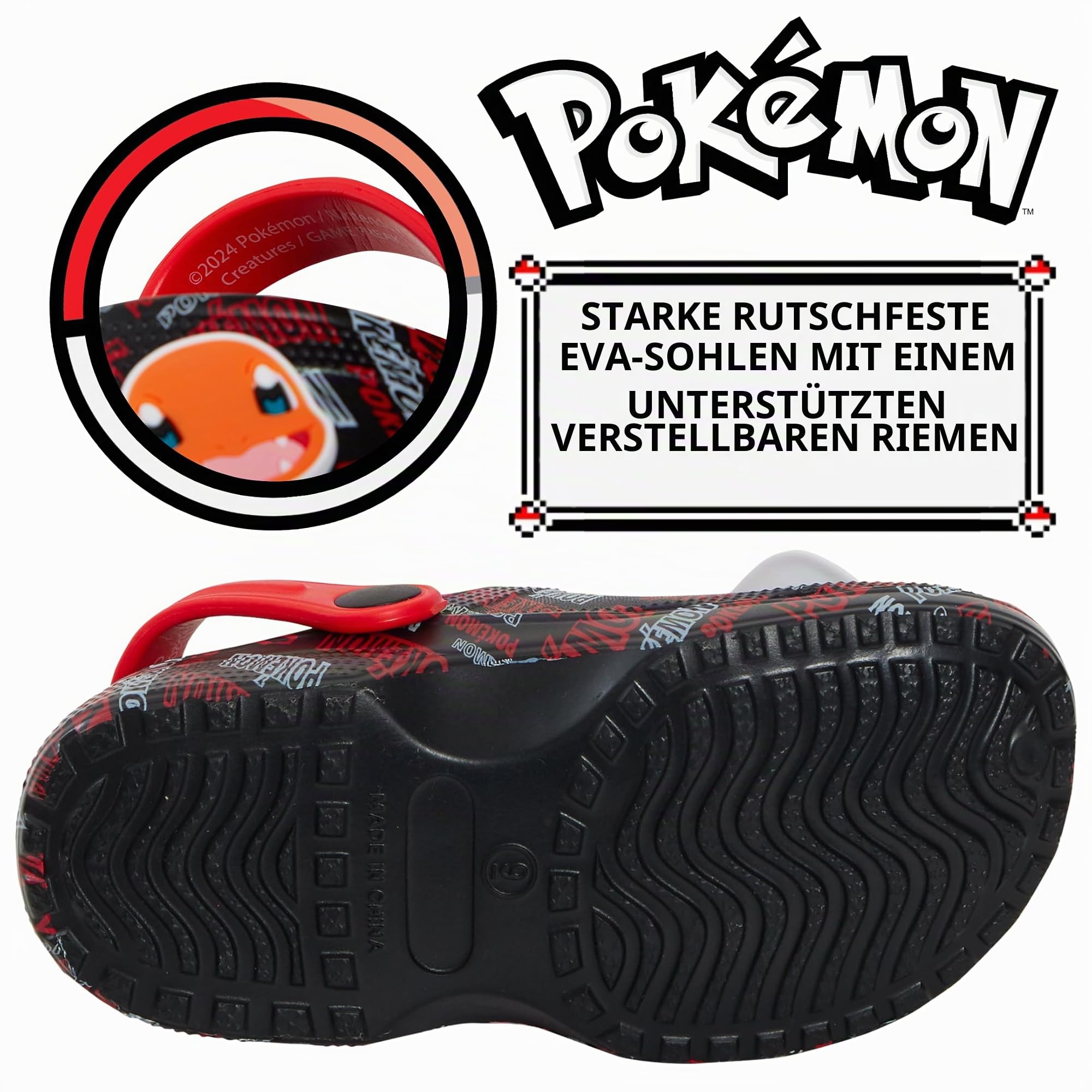 Pokémon Clogs Charms Pokeball, Sandalen für Mädchen und Jungen, Sommerschuhe für Kinder mit Knöchelriemen, Strandschuhe für den Urlaub