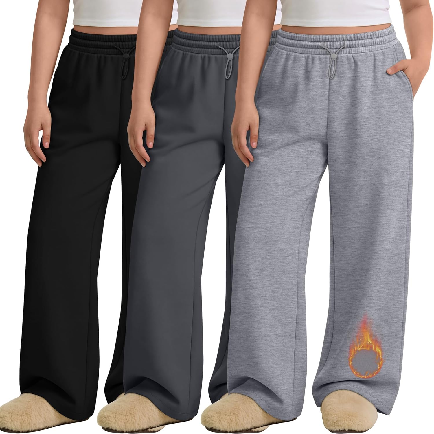 JoyMotion 3 Pack Women's Plus Size Fleece Lined Sweatpants Wide Leg Joggers Shock Cord High Waisted Thermal Pants with Pocket