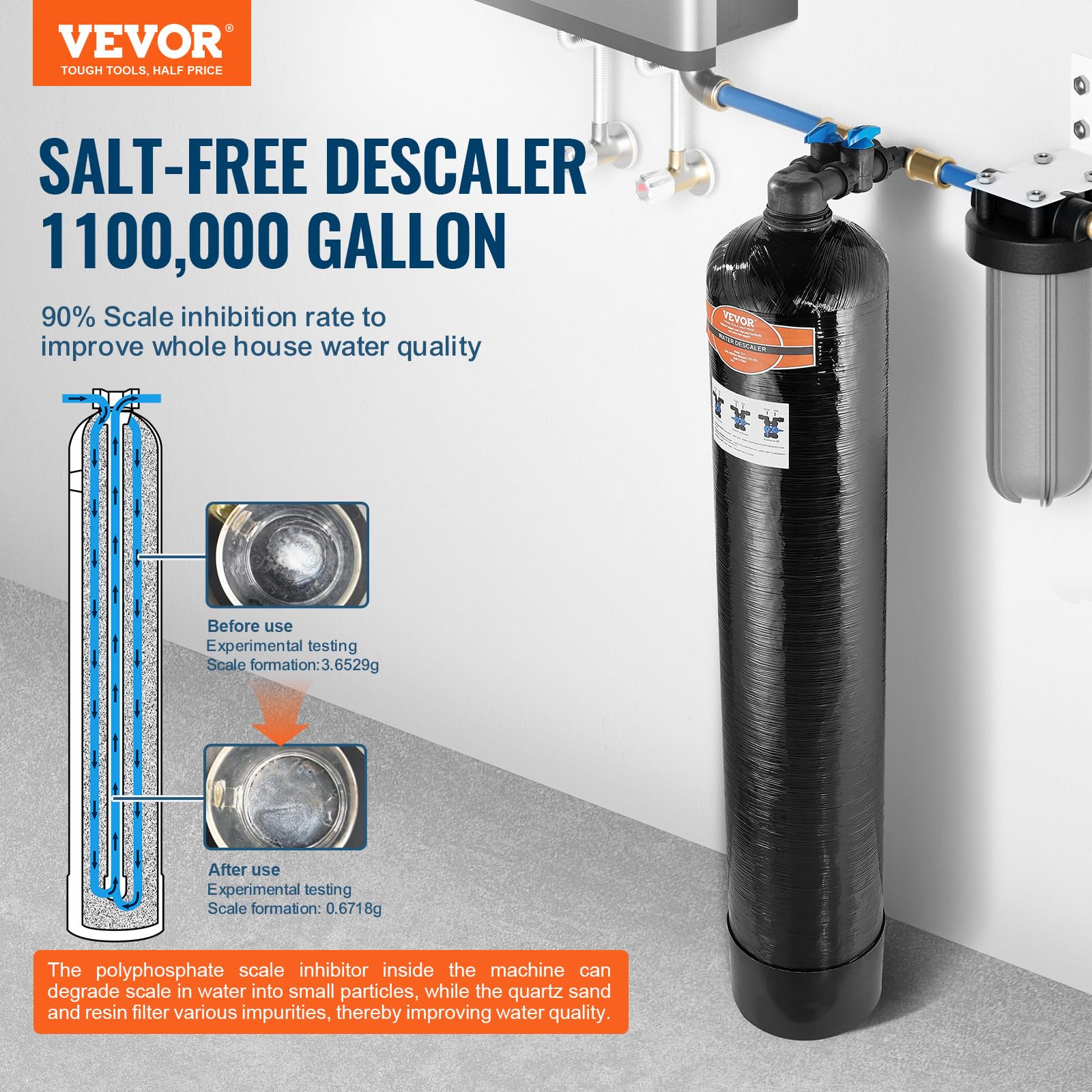 VEVOR Addolcitore Acqua Senza Sale Uso Domestico 5-8 Persone, Sistema di Disincrostazione dell'Acqua di Città, Scaler da 42000 Tonnellate, BSPT da 1" e BSPT da 3/4", per Tutti i Tipi di Tubazioni