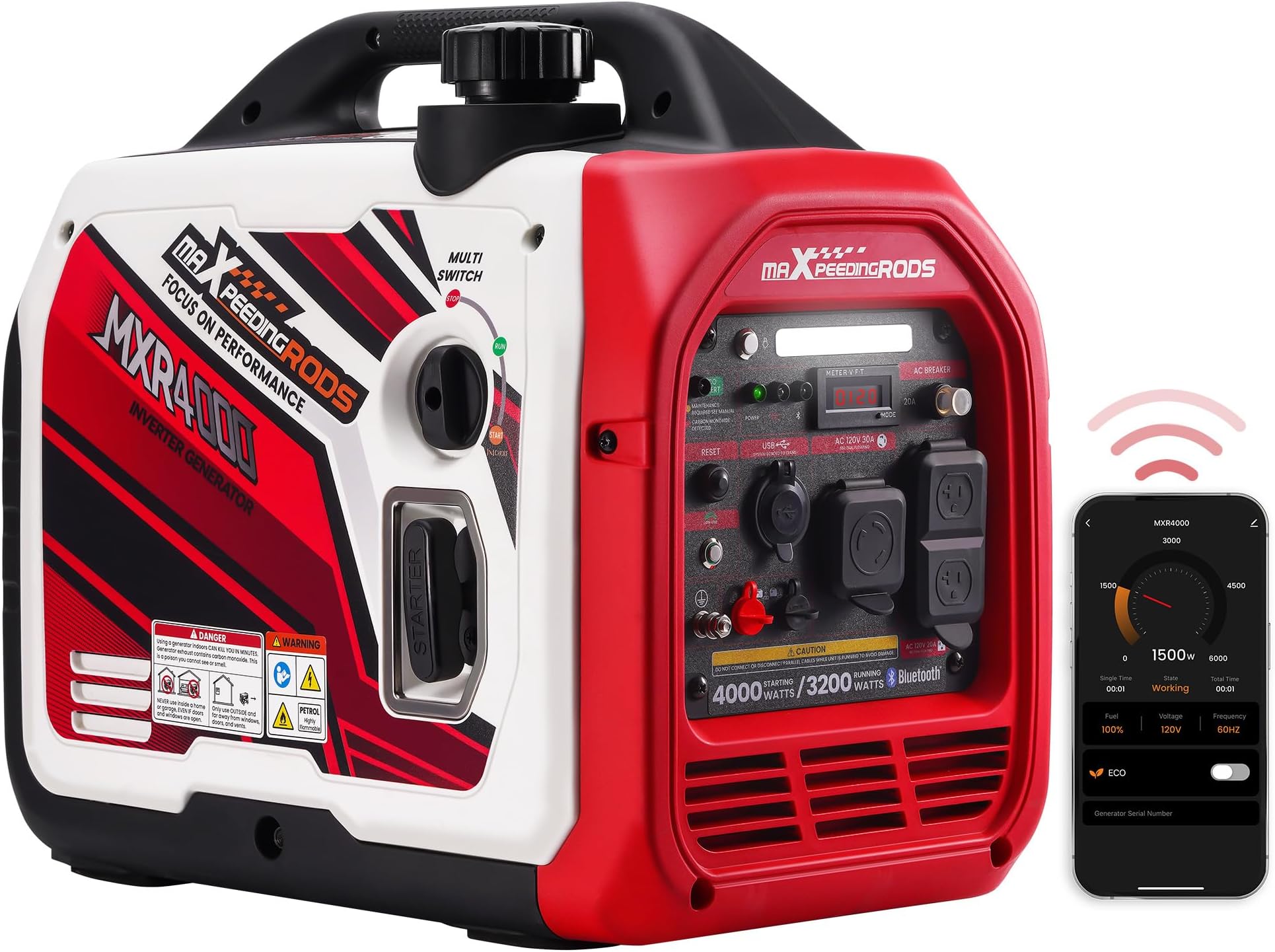 4000 Watt Inverter Generator Portable, Bluetooth® App Remote Data Monitor, RV Ready, Gas Powered Generator with CO Alarm for Outdoor Camping, Home Backup