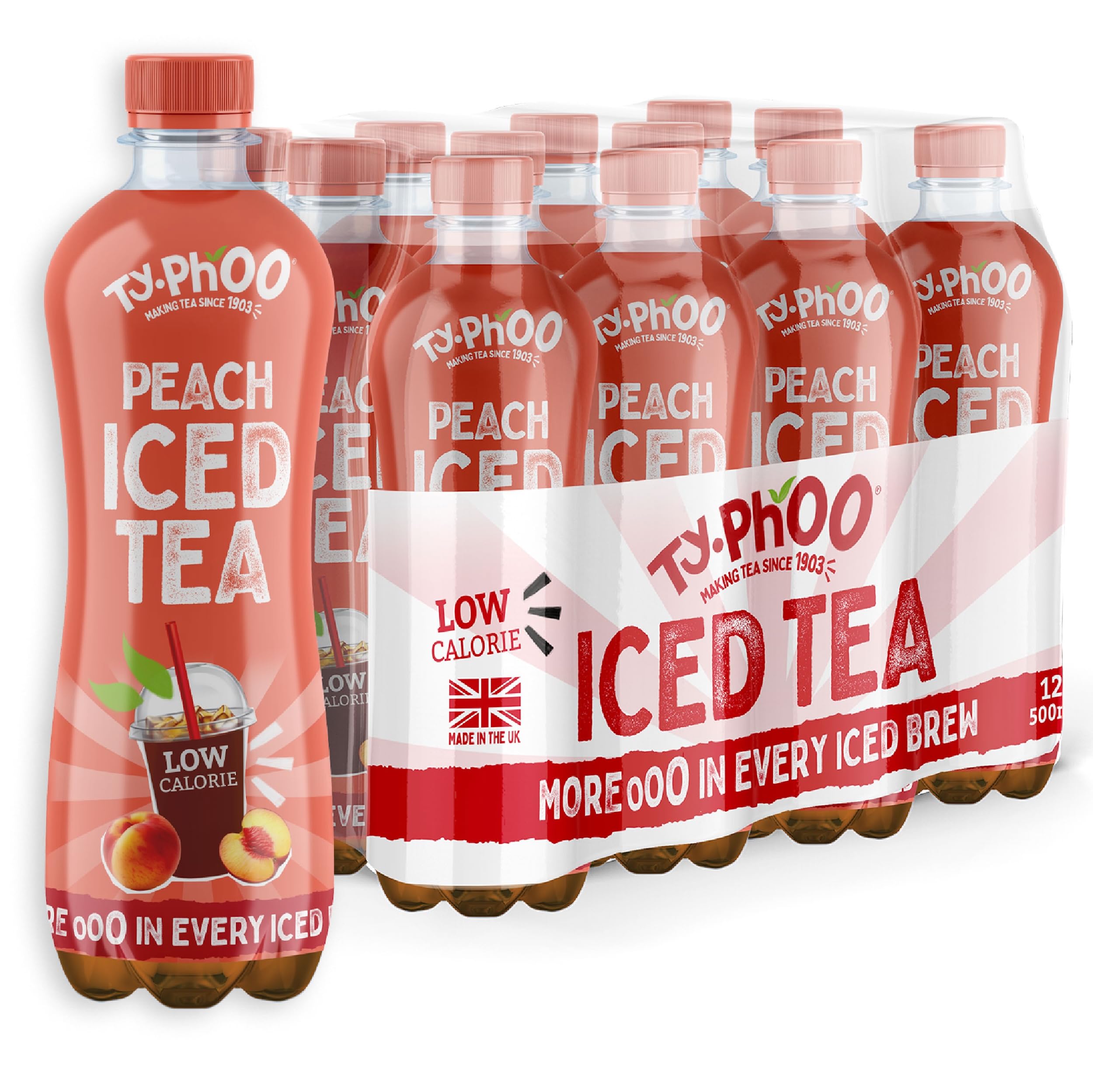 Typhoo • Iced Tea • Peach Flavour • 500ml x 12 • Ready-to-Drink Ice Tea • Fruity, Mellow & Naturally Sweet • Made with Northumbrian Spring Water & Real Fruit Juice in the UK • Low Calorie