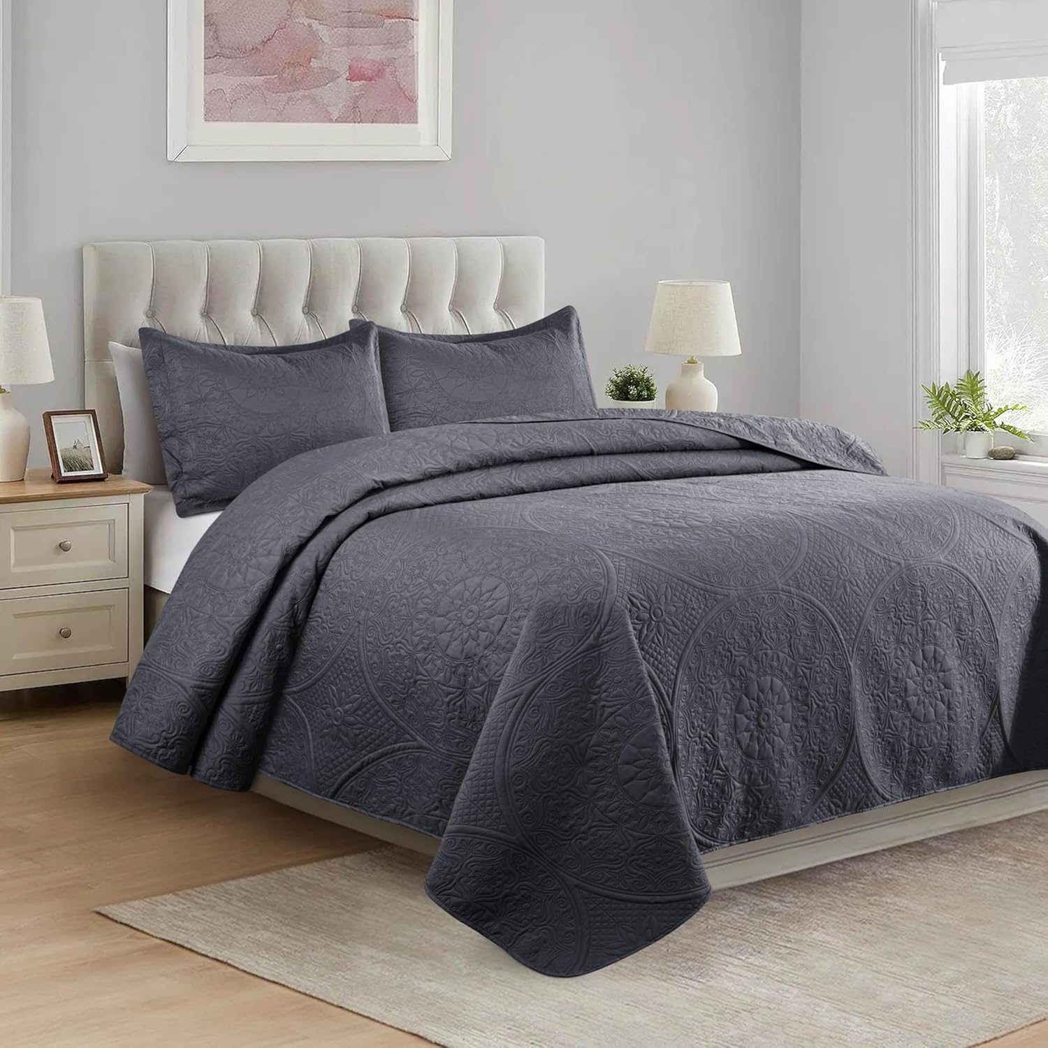Quilt Bedding Set Lightweight Microfiber Bedspread with Pillow Shams - Oversize Reversible Coverlet Embossed Quilt Bed Cover for All Season (Charcoal, Twin)