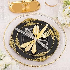 Hioasis 210pcs Black and Gold Plastic Plates - Disposable Dinnerware Set Suitable for 30 Guests Include 10.25 Dinner & 7.5 Dessert Plates, Pre Rolled Silverware Set, Cups for Party & Wedding