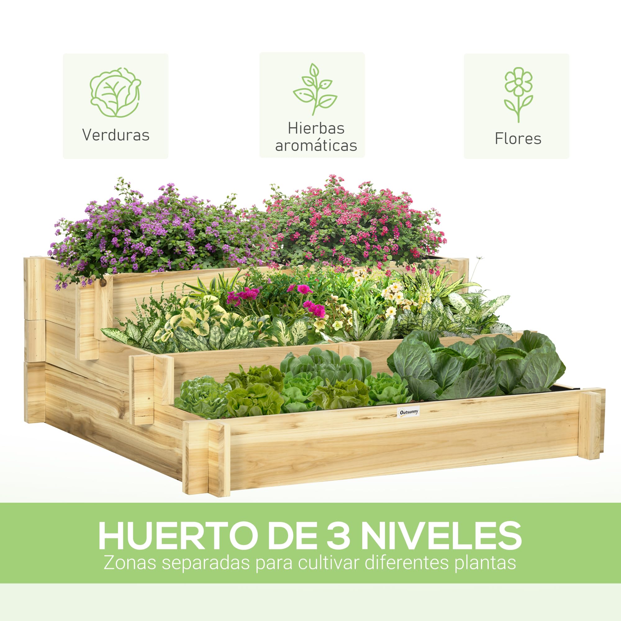Outsunny Jardinera de Madera Elevada de 3 Niveles Jardinera Exterior Grande con Diseño de Escalera y Tela no Tejida Huerto Urbano para Cultivos Plantas Flores para Patio Terraza 93x93x35 cm Natural