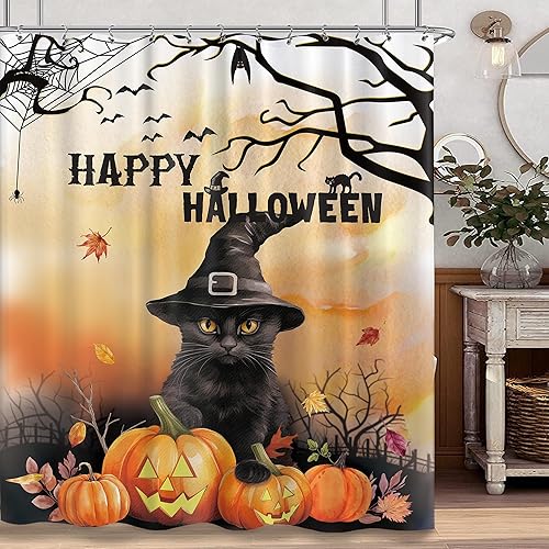 Miniatura 5 de Cortina de ducha divertida de calabaza con gato de Halloween para baño, vacaciones, araña, divertida decoración de bañera