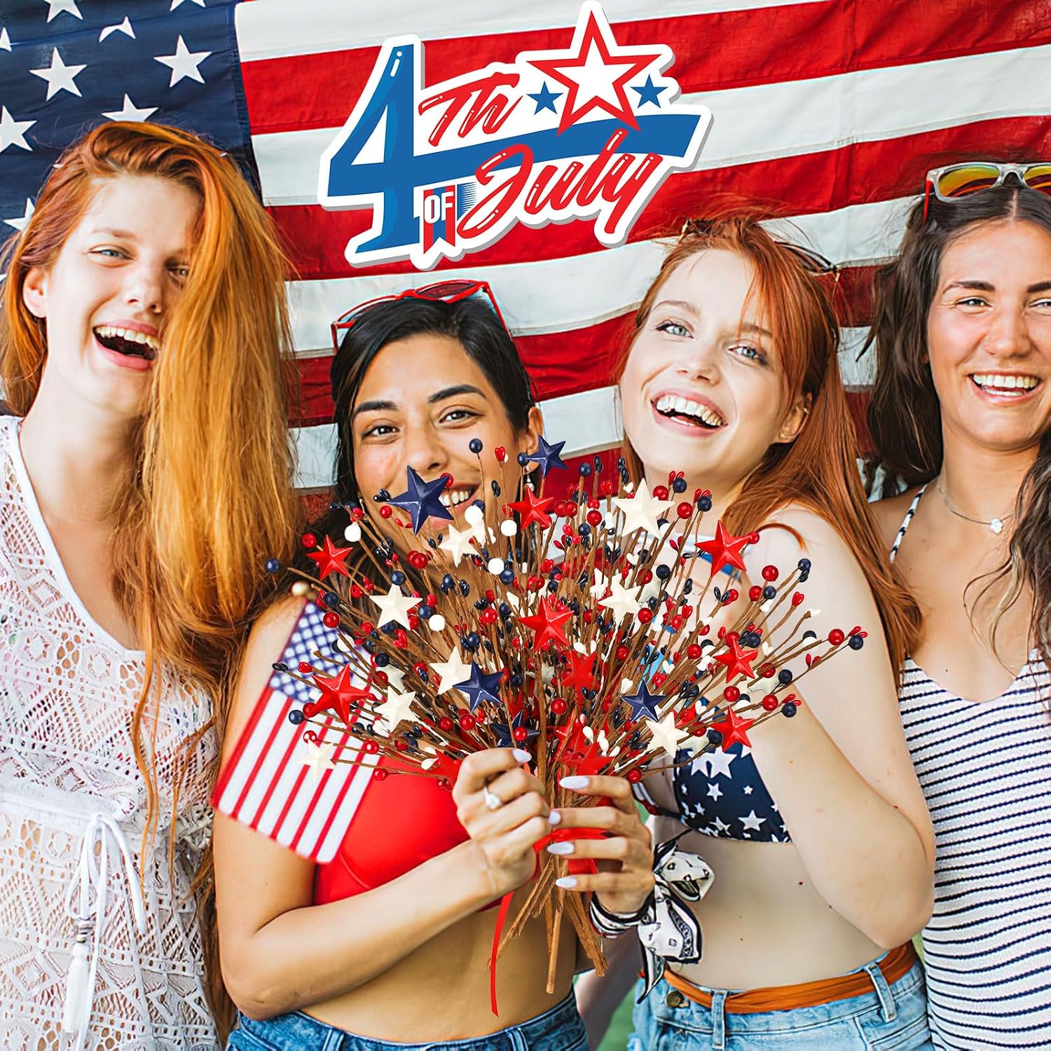 JUNEBRUSHS 6 Pack Patriotic Artificial Berry Stem Picks Red White and Blue Artificial Art Flowers Berry 4th of July Floral Picks with 2 Roll Ribbons for Bouquet Garland Table Centerpieces Home Decor