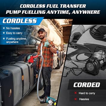 SEESII Fuel Transfer Pump Battery-Powered: 12 GPM Electric Diesel Transfer Pump with 2 x4.0Ah Batteries, Portable Cordless Pump Kit with Auto Shut-Off Nozzle & 2x6.6 FT Hoses for Diesel Kerosene