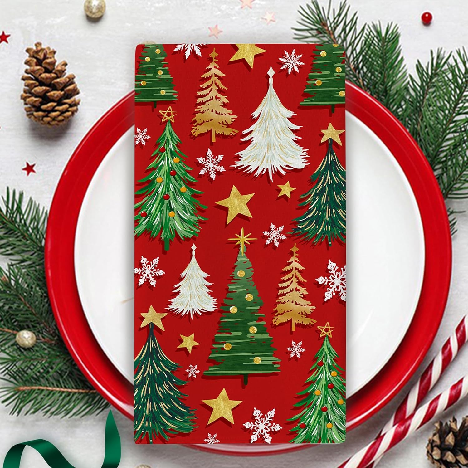 Merry Christmas Tree Red Kitchen Dish Towels Set of 2, Xmas Pine Trees Snowflake Drying Hand Towel Baking Cooking Cloth, Winter Holiday Farmhouse Bathroom Home Decoration 18 x 26 Inches - Image 5