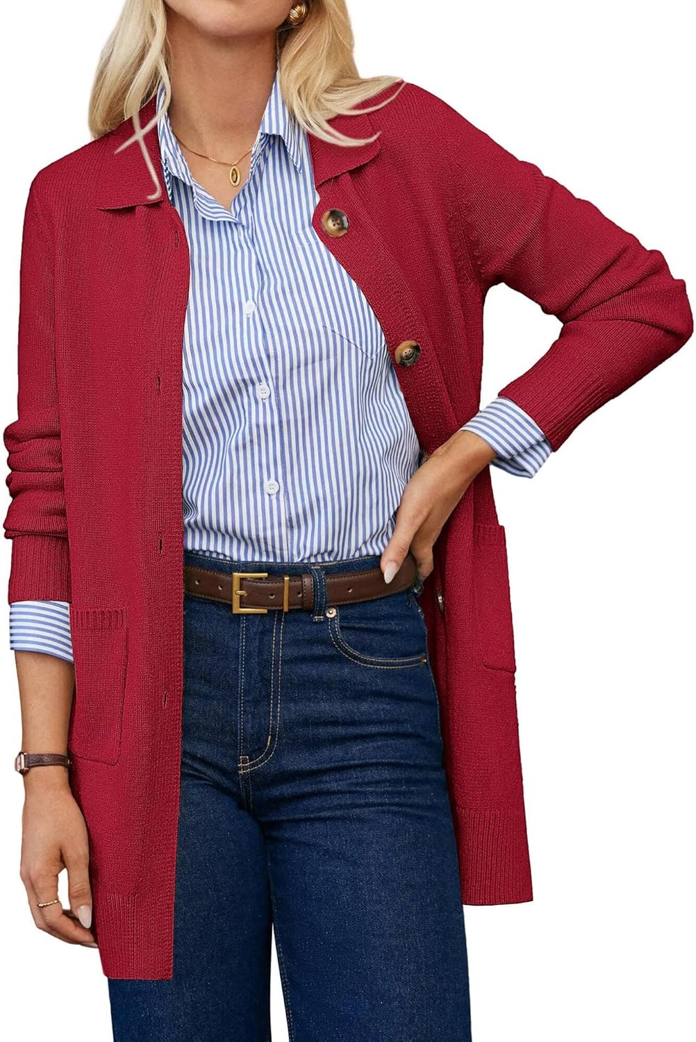 GRACE KARIN Women's Fall Long Cardigan Sweaters with Pockets, Button Knit Blazer Trendy, Open Front Dressy Casual Jacket