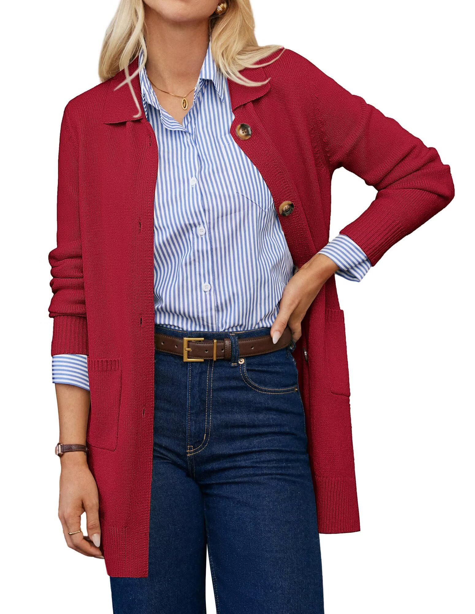 GRACE KARIN Womens Fall Long Cardigan Sweaters with Pockets Button Knit Blazer Trendy Open Front Dressy Casual Jacket