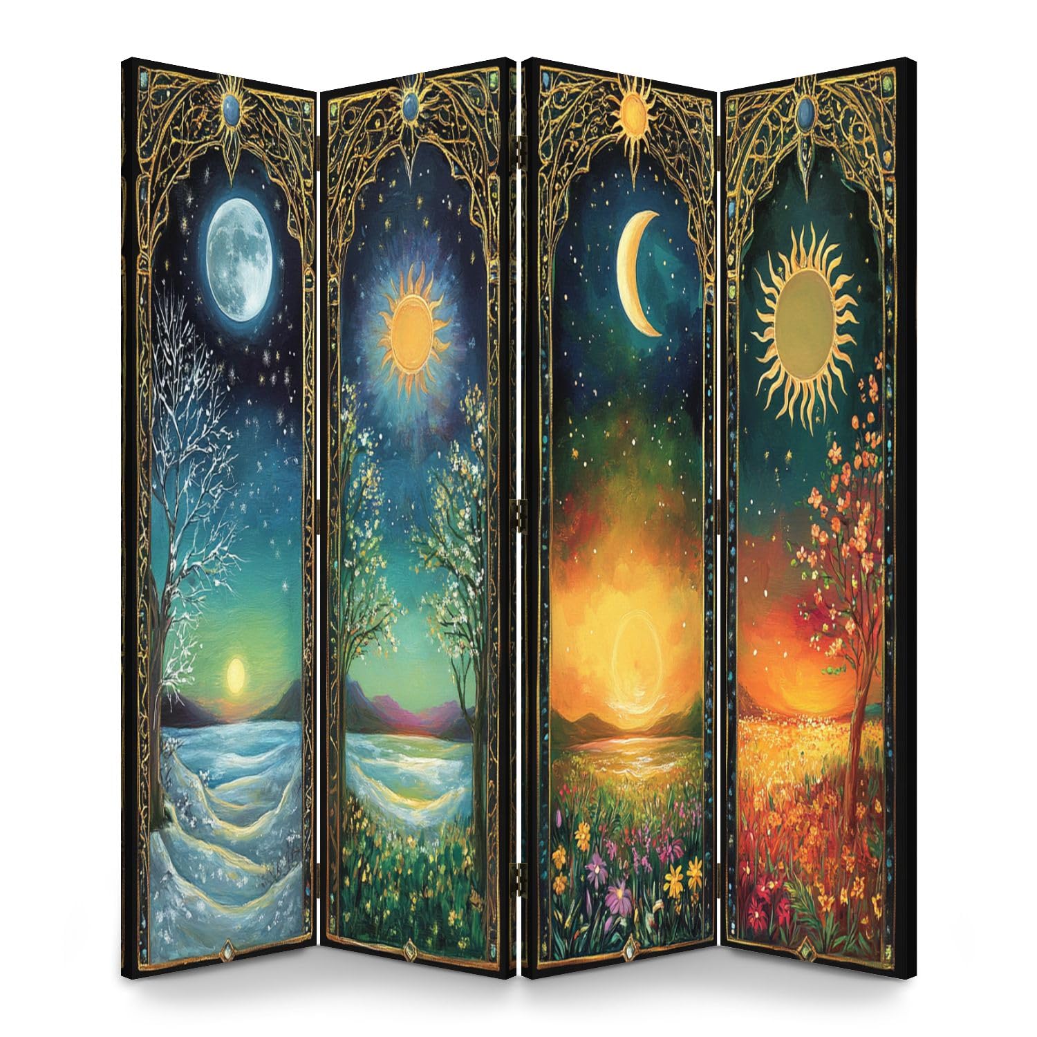 4 Panels Folding Screen Room Divider Autumn Orchard Under Crescent Moon Canvas Screen Room Separator Freestanding Protective Wall Divider Privacy
