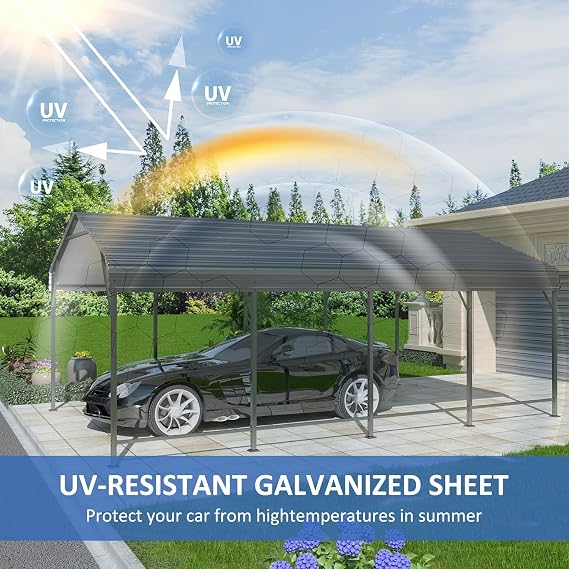 12x20FT Metal Carport, Carports with Reinforced Frame and Enhanced Base, Heavy Duty Carport Canopy for Car, Boats, Tractors, Trucks or Party, Dark Gray