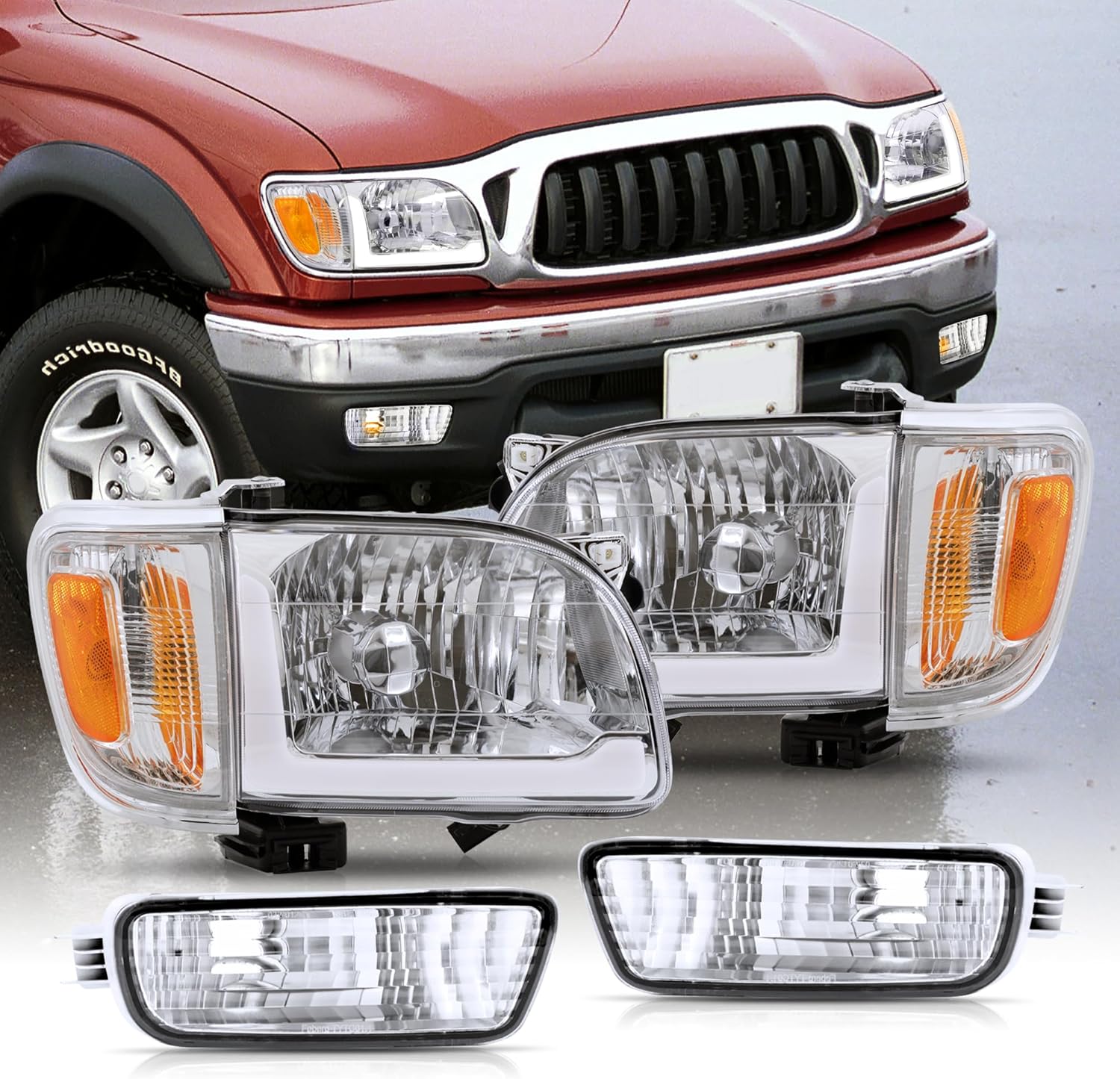 AJP Distributors LED DRL Bar Tube Headlights Assembly + Bumper Corner Signal Lamps Lights Left Right Pair Lens Compatible/Replacement For Tacoma 2001-2004 (Chrome Housing Clear/Amber Reflector)