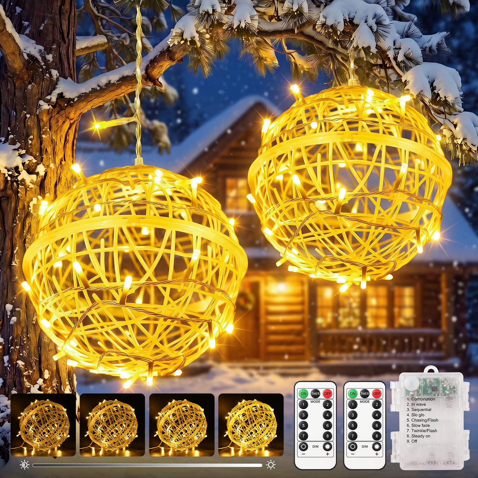 btfarm 2 Stück Weihnachtsbeleuchtung Außen, LED Lichterkugel Batterie | Dimmbar Lichterkette mit Fernbedienung & Timer, IP65 Wasserdicht, 8 Modi für Garten Flur Terrasse Balkon Innen Deko, Warmweiß