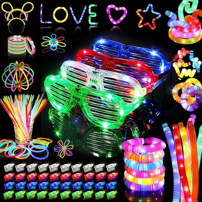 150件夜光派对用品套装，包括发光戒指、发光头箍、发光管、LED眼镜和发光棒，适用于各类庆典