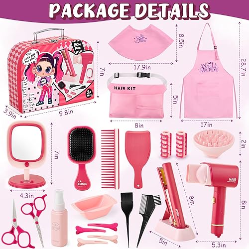 Miniatura 6 de Juguetes de peluquería para niñas y niños, juego de 25 piezas de peluquería con secador de pelo, alisador, caja de almacenamiento, herramientas de