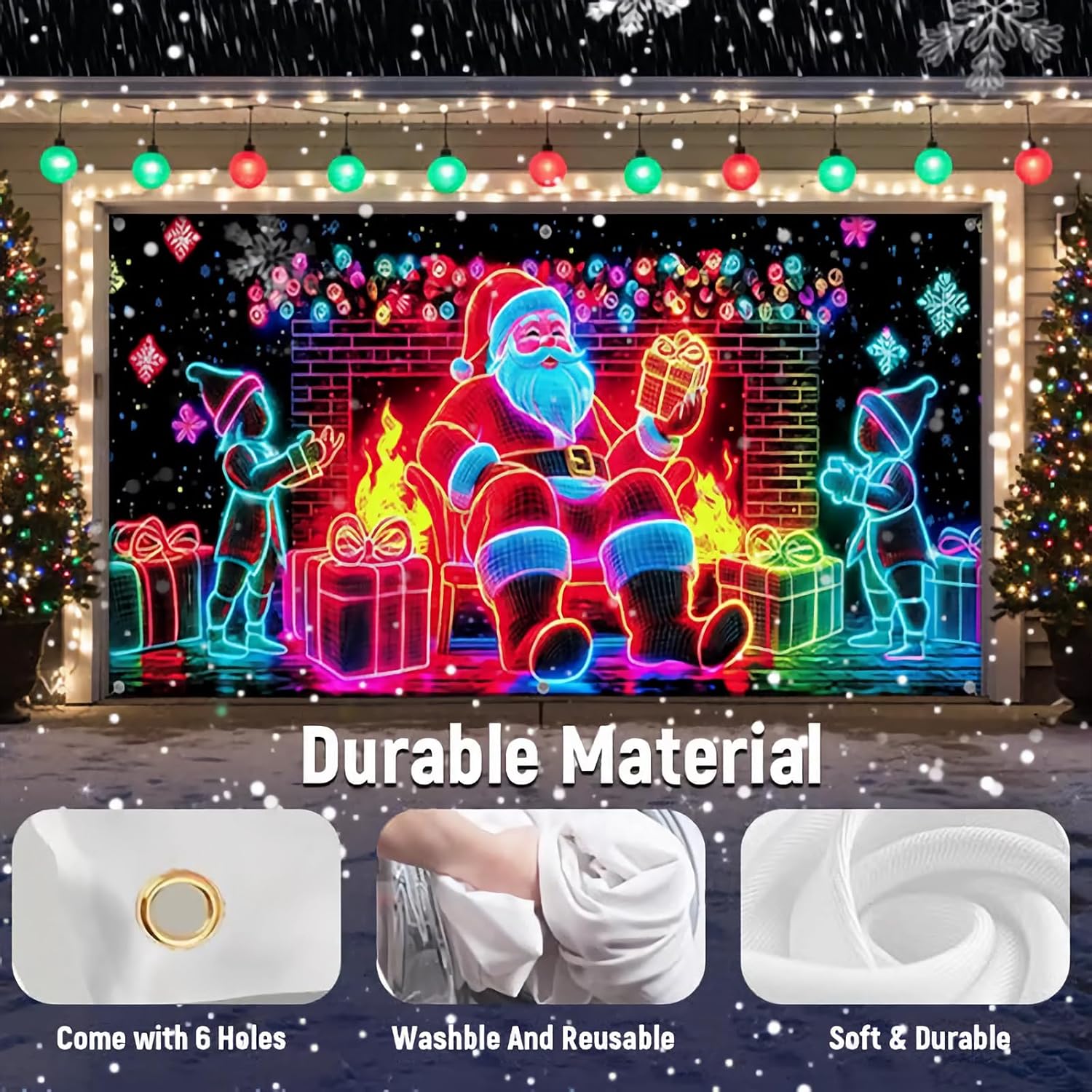 Christmas Garage Door Cover Banner 7X16ft UV Activated Christmas Garage Door Cover Large Glows in Dark 2D Flat Holiday Xmas Wall Decor Outdoor Lighted Garage Banner with Cartoon Santa Elf (7×16ft, A)