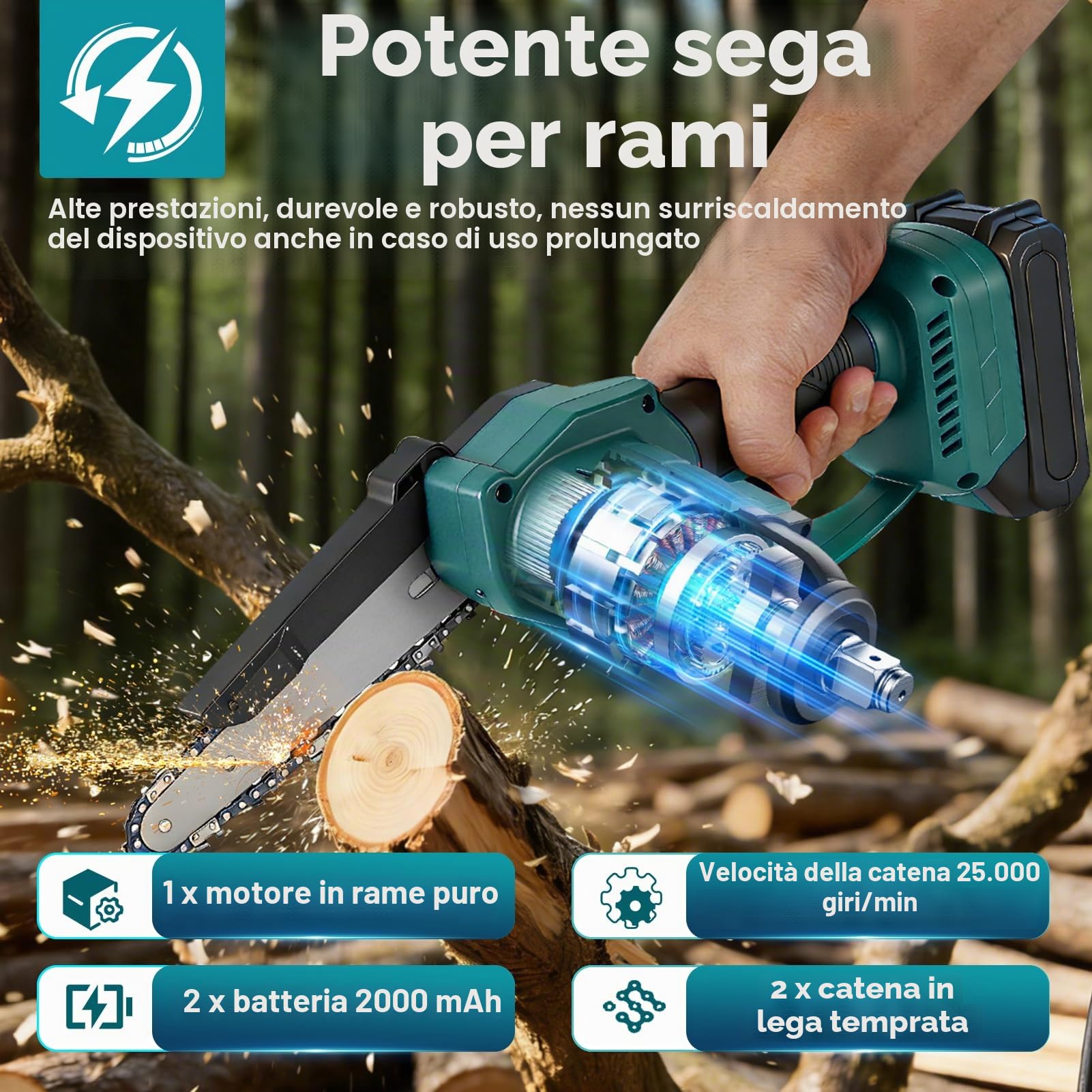 Motosega e tagliasiepi a batteria telescopica Combo, 4 in 1, mini motosega elettrica da 8 pollici, con batteria da 2 x 2000 mAh, 4 catene, guanti protettivi, adatti per cesoie da potatura e per la