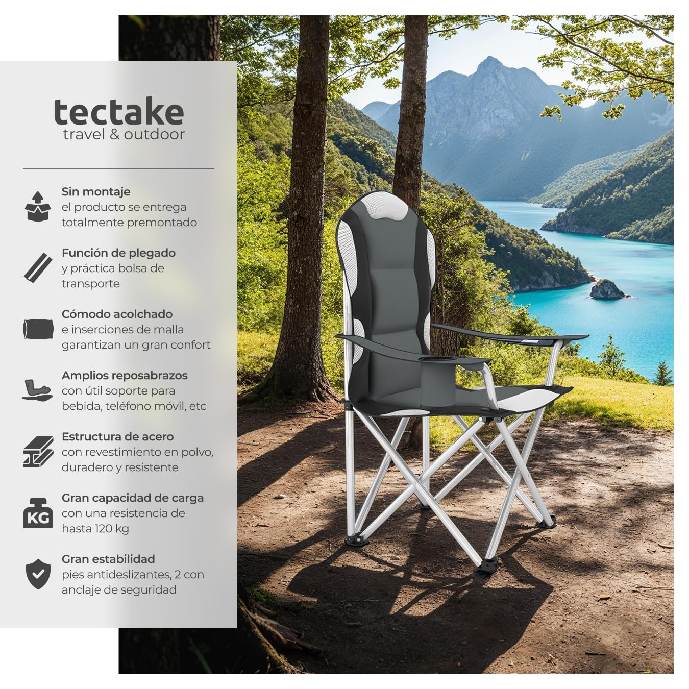 tectake® Silla de Camping Plegable, Confort Acolchado, Soporte para Bebidas, Bolsa de Transporte, Silla Playa, Sillas Plegables, Sillas Exterior Terraza, Silla Relax - 2X Gris