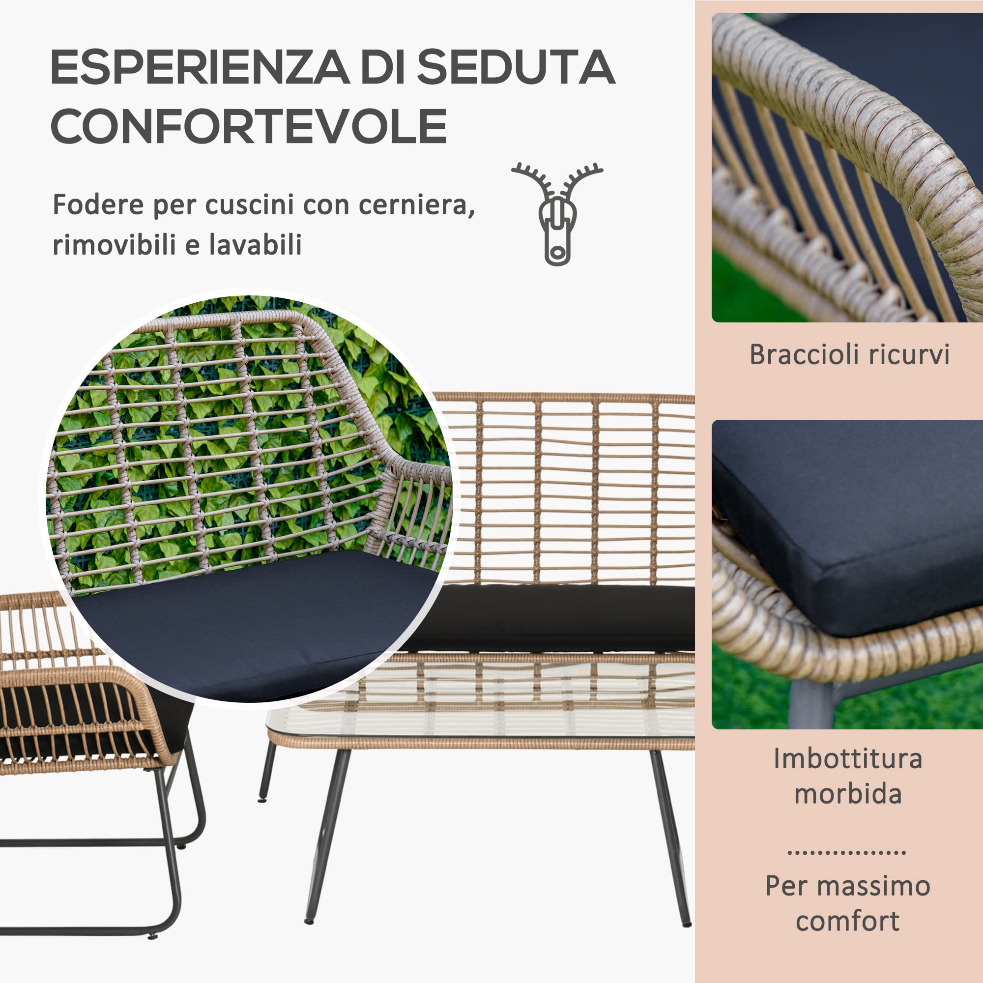 Outsunny Set Mobili da Giardino in Rattan PE da 4 Pezzi, Salotto da Esterno Stile Boho con 2 Poltrone, Divanetto e Tavolino con Ripiano