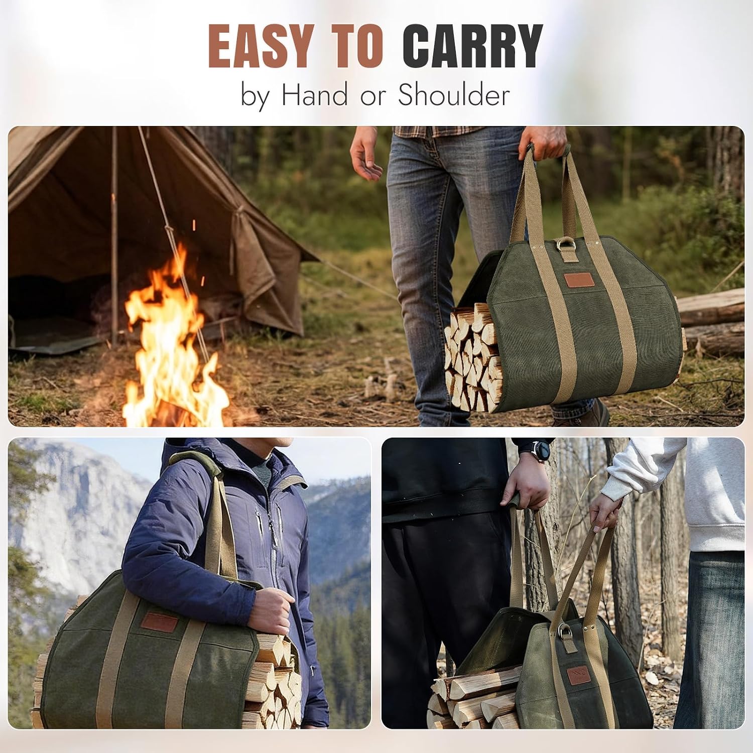 INNO STAGE Canvas Wood Carriers Fire Wood Log Tote Bag, Waxed Canvas Hay Hauling for Fireplace, Round Woodpile Carrying for Tubular Stand by Hearth Stove or Outdoor Camping,Green