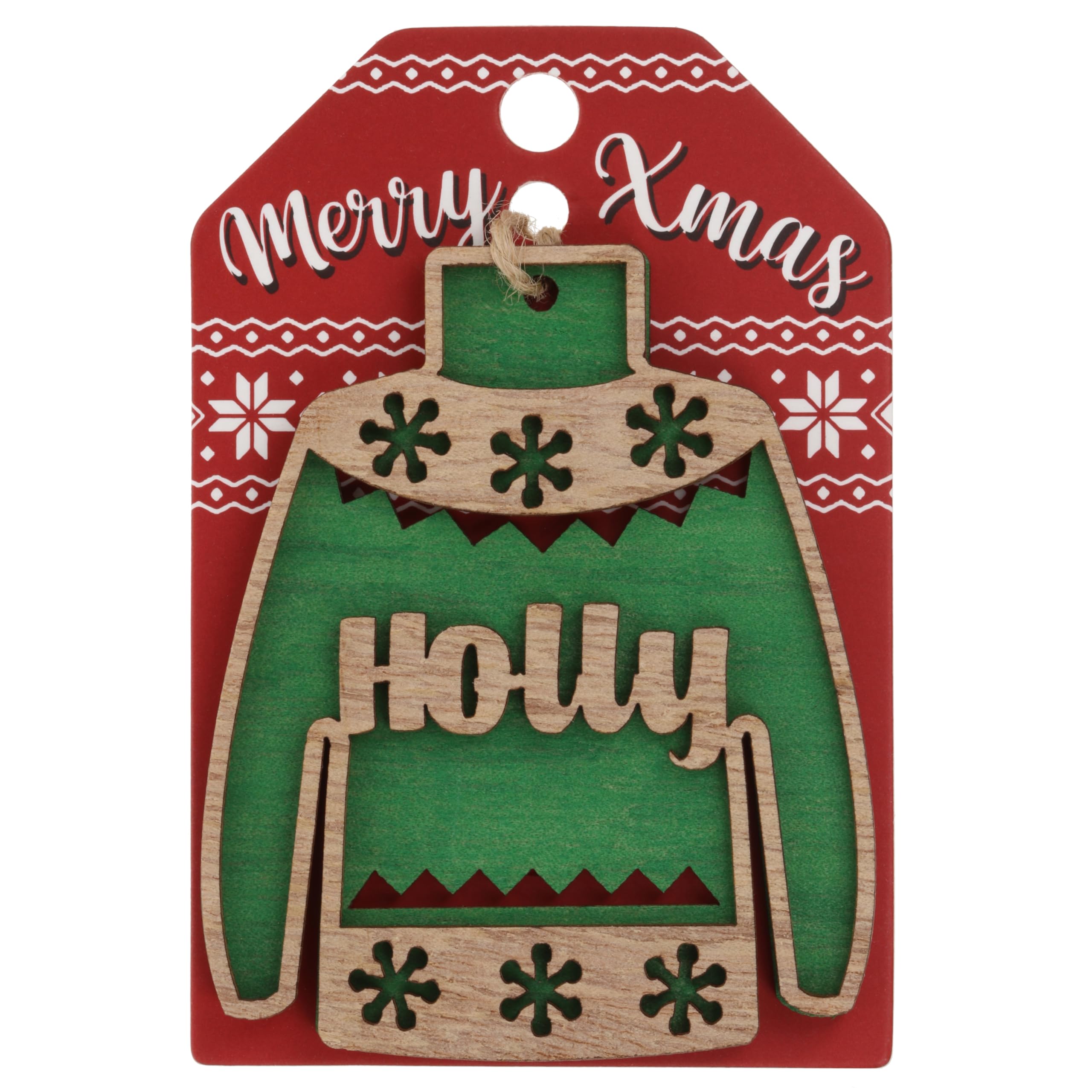Holly Name Christmas Jumper Wooden Tree Decoration Personalised Bauble Xmas Green