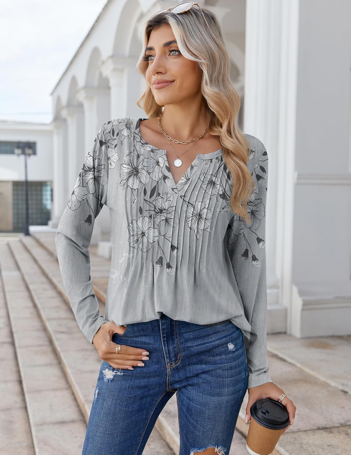 Zeagoo Womens Long Sleeve Tops 2026 V Neck Pleated Shirts Dressy Casual Tunic Blouses Loose Fit Fall Fashion Clothes - Image 3