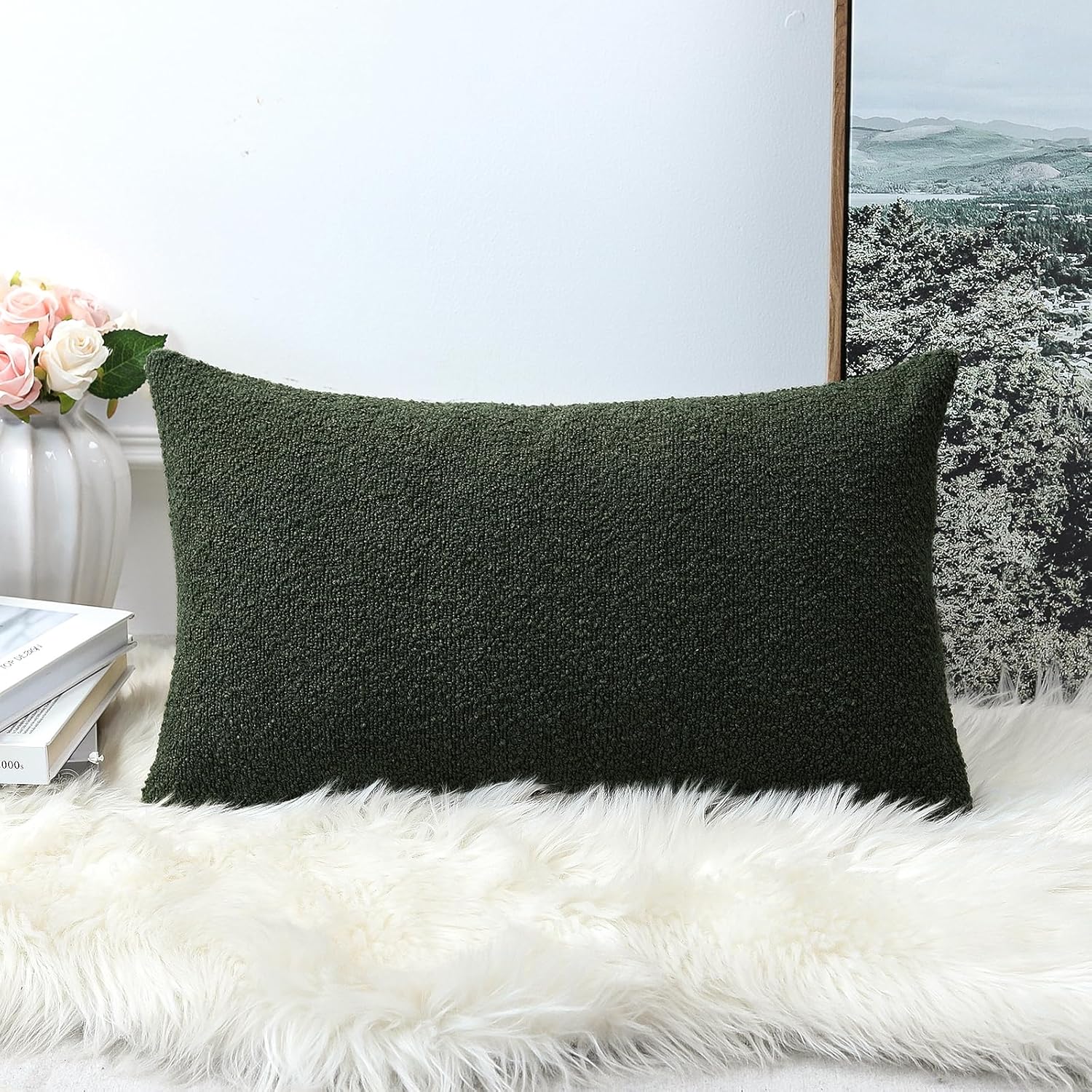 OTOSTAR Set of 1 Textured Boucle Throw Pillow Covers Lumbar Pillow Cases Cozy Soft Decorative Couch Cushion Case for Chair Sofa Bedroom Living Room Home Decor 16 x 24 Inch, Forest Green - Image 3