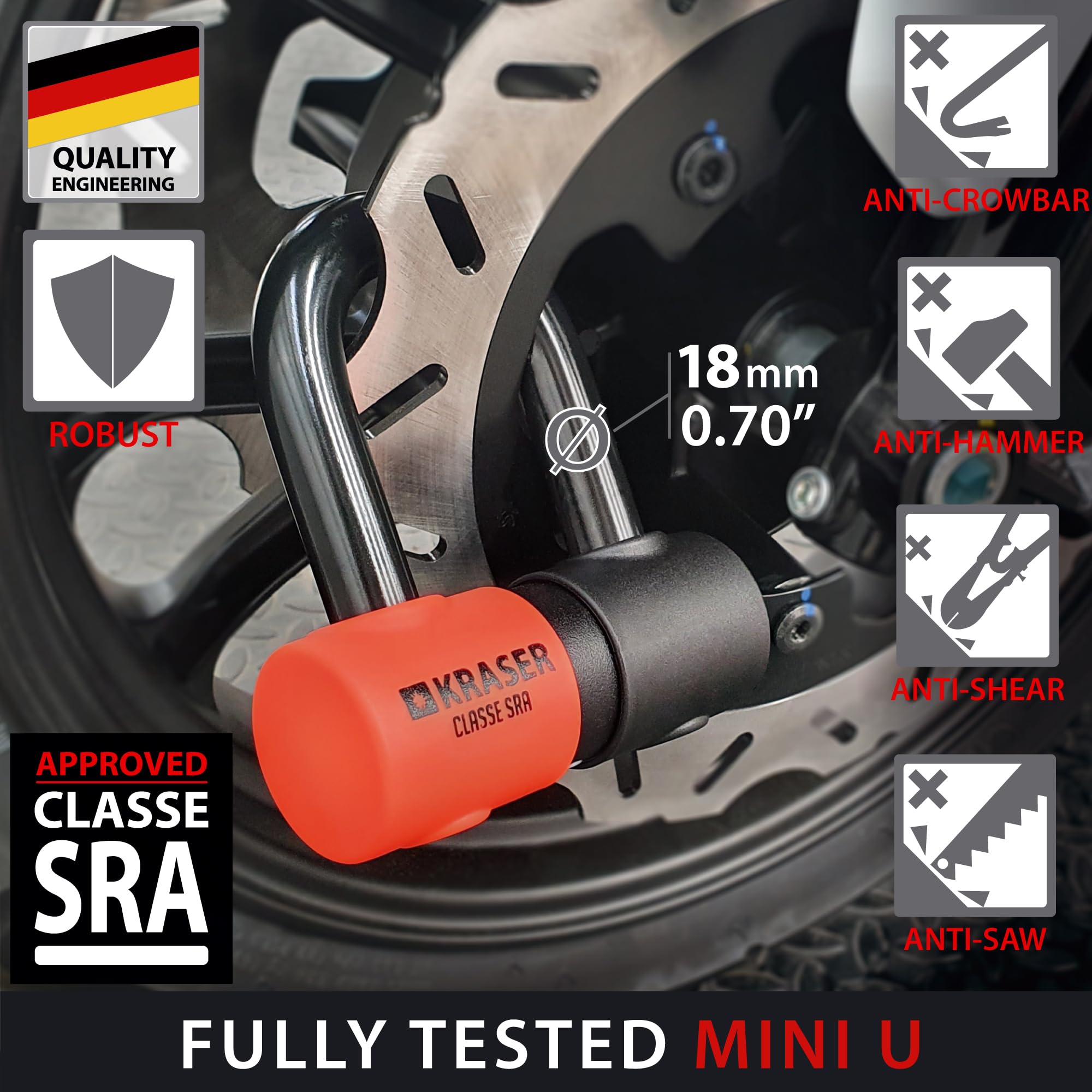 KRASER KR50100 Blokada Zestaw Antykradzieżowy Motocyklowej Łańcuch Zabezpieczający Kłódka Antykradzieżowa Motocykl Zatwierdzony Mini U Solid Ø18 + 13,5 łańcuch 100cm, Zabezpieczenie ciężki obowiązek