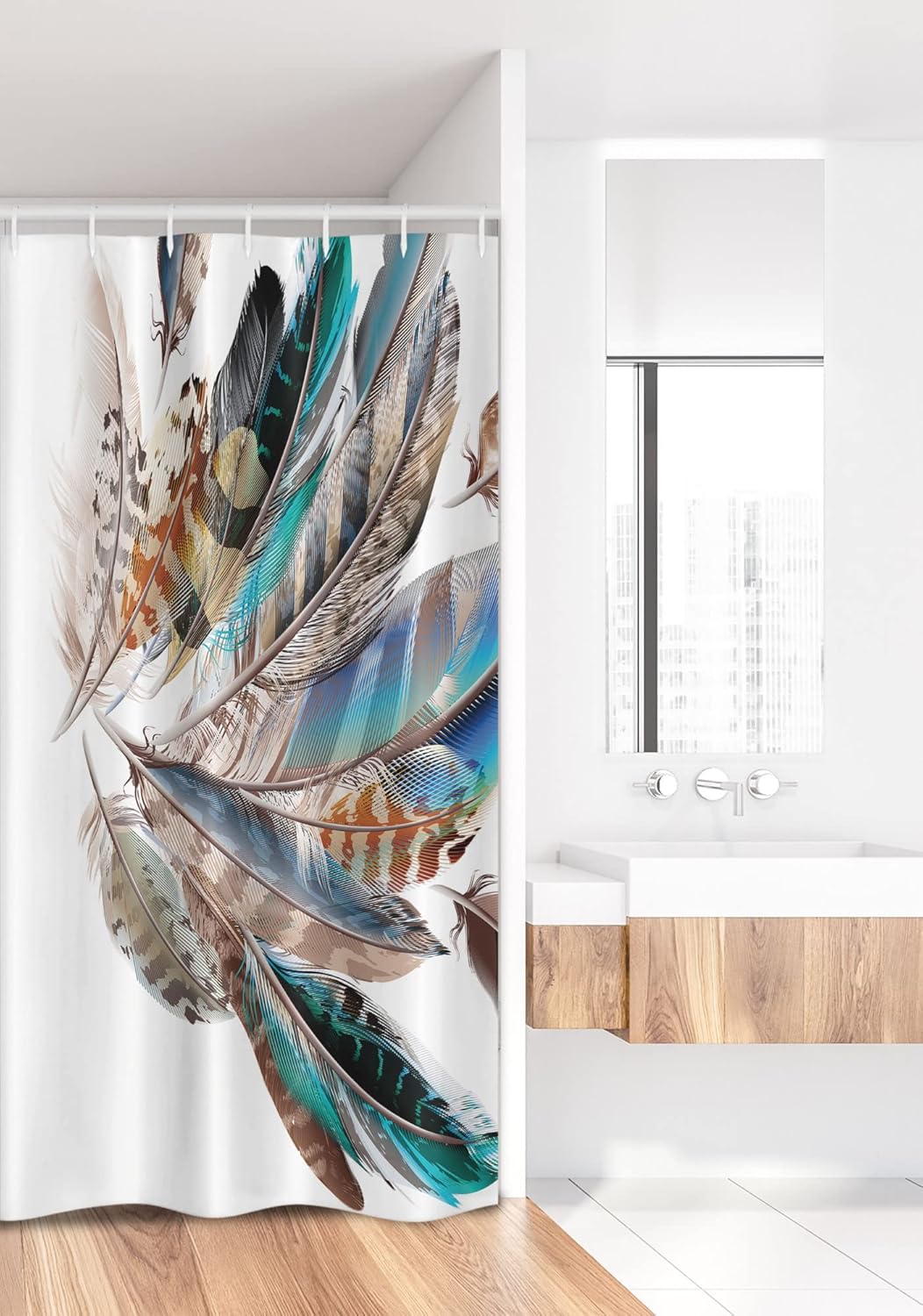 Ambesonne Feathers Stall Shower Curtain, Vaned Types and Natal Contour Flight Bird Feathers and Animal Skin Element Print, Fabric Bathroom Decor Set with Hooks, 36" X 72", Teal Brown