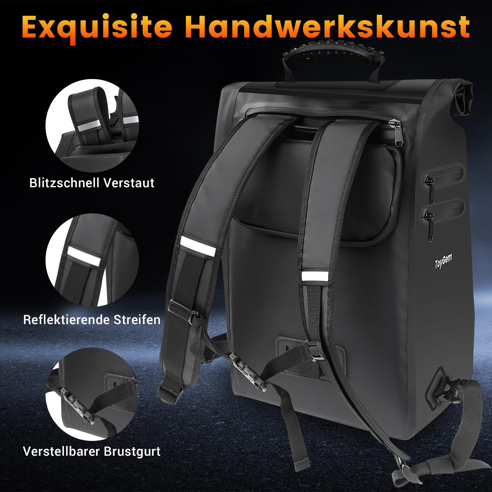 Fahrradtasche für Gepäckträger 29L, 3-in-1 Fahrradtaschen Wasserdicht als Rucksack & Umhängetasche, Gepäckträgertasche mit Laptopfach und Reflektoren