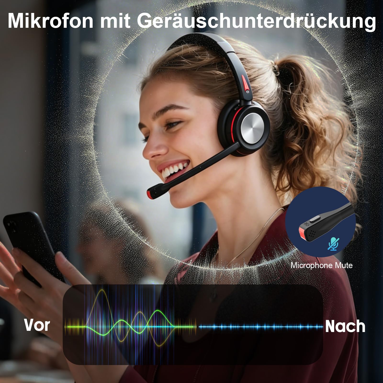 Bluetooth Headset mit Mikrofon Noise Canceling, Wireless Headset mit Ladestation & USB Dongle, Stummschaltung, 40 Stunden Anrufe, Kabellose PC Kopfhörer für Callcenter, Büro, Zoom, Teams