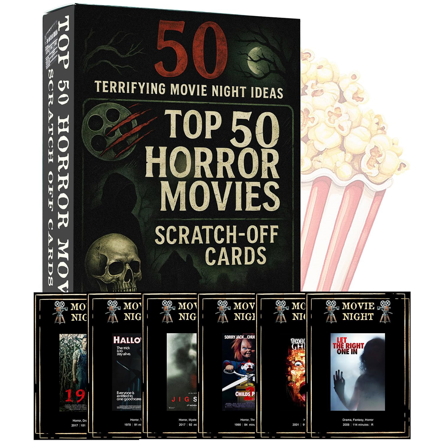 Horror Scratch Off Cards, movie Gifts for Movie Night, Premium Top 50 Horror Supplies