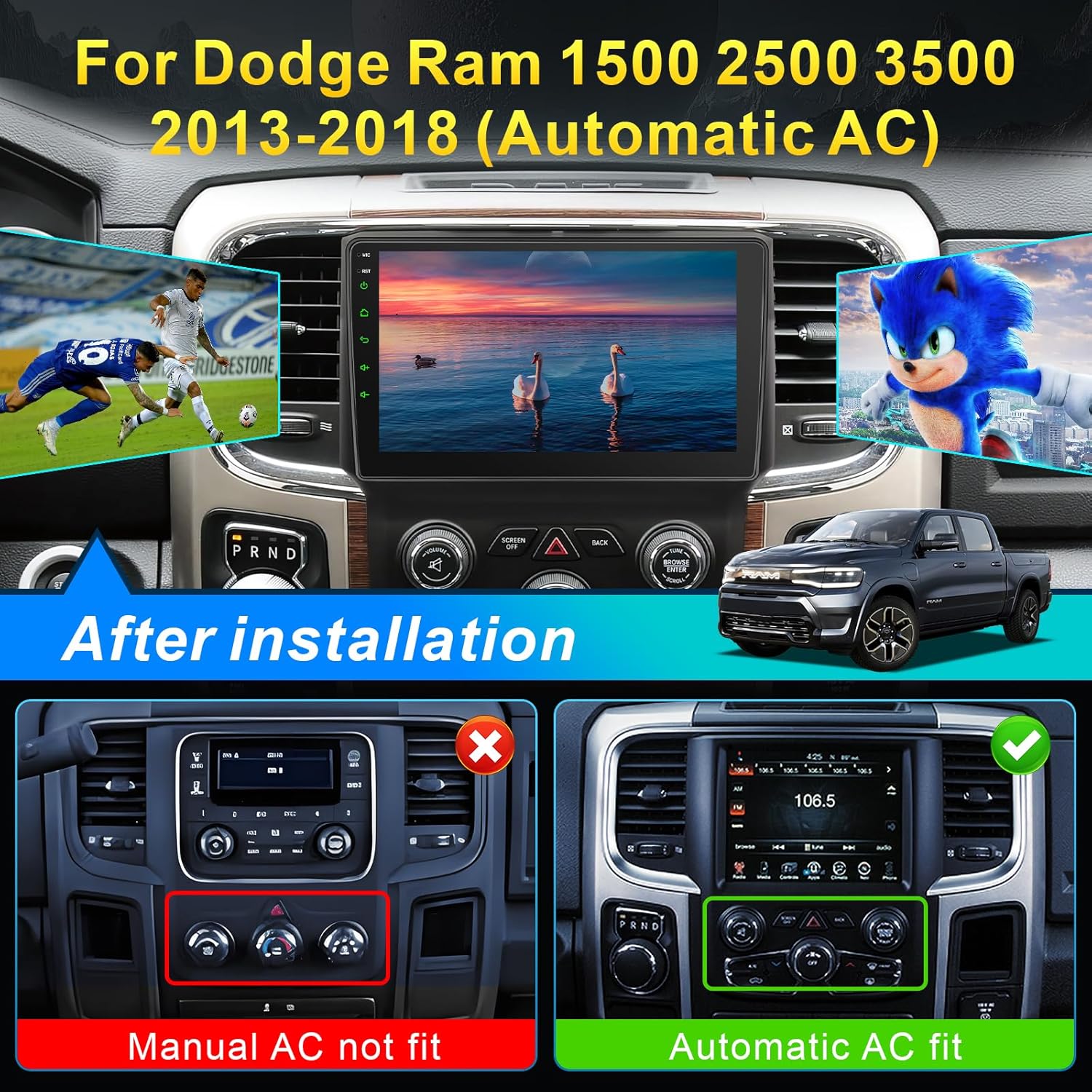 8 Core 4+64G Car Stereo Radio Upgrade for Dodge RAM 1500 2500 3500 2013 2014 2015 2016 2017 2018 with Wireless CarPlay and Android Auto, 9 inch Touch Screen Radio Replacement with GPS (fit Auto AC)