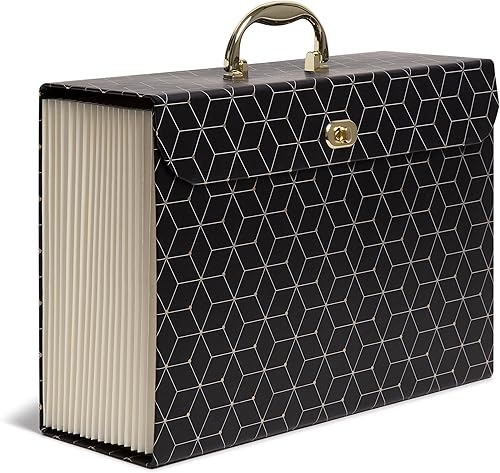 U Brands Carpeta de archivos expandible de 19 bolsillos, suministros de oficina, diseño geométrico negro y dorado, 15.4 x 10.5 x 5 pulgadas