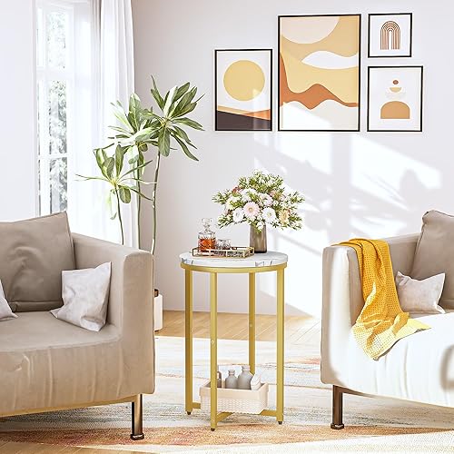 Miniatura 7 de Juego de 2 mesas auxiliares modernas doradas, mesa auxiliar redonda pequeña con marco dorado, mesa auxiliar de mármol para sala de estar,