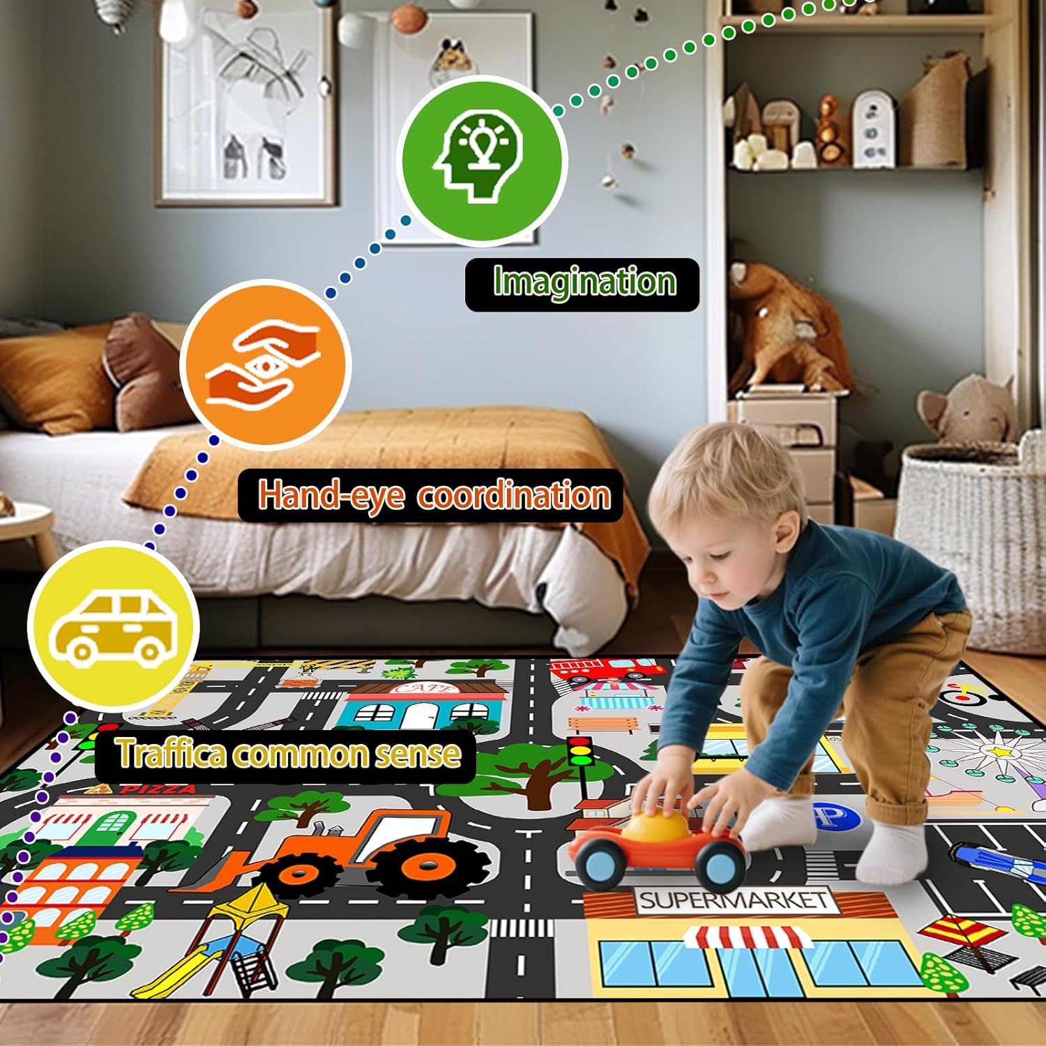 Kids Carpet for Bedroom - Car Rug 4.5x6 Feet, Educational Traffic Carpet Town City Road Map Carpet Kids Rug for Playroom Bedroom Boys, Car Mats for Playroom Classroom