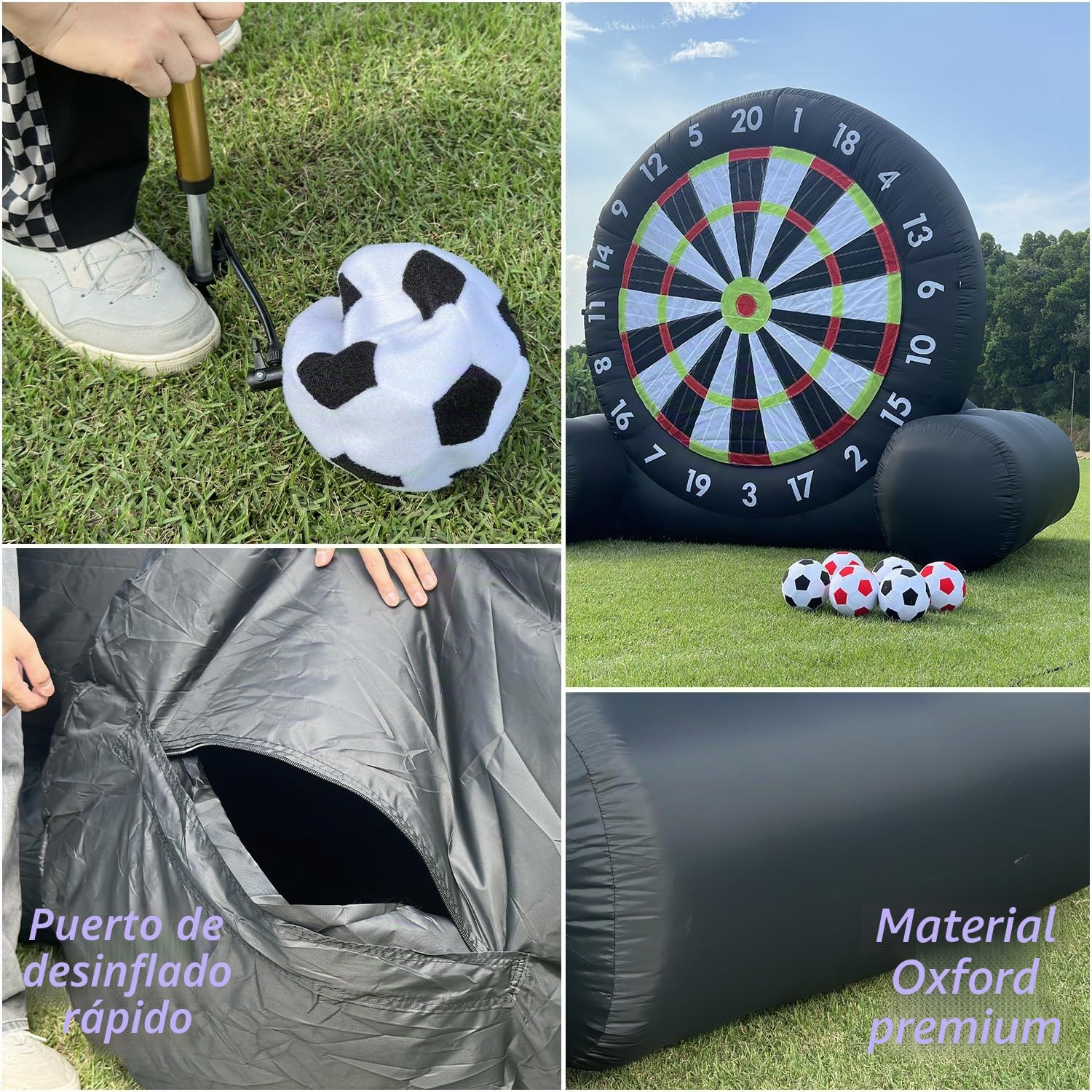 Tablero de Dardos de Fútbol Inflable para Exteriores (3m de Alto), Tablero de Dardos de Fútbol Gigante con 8 Pelotas de Fútbol y Soplador de 370W