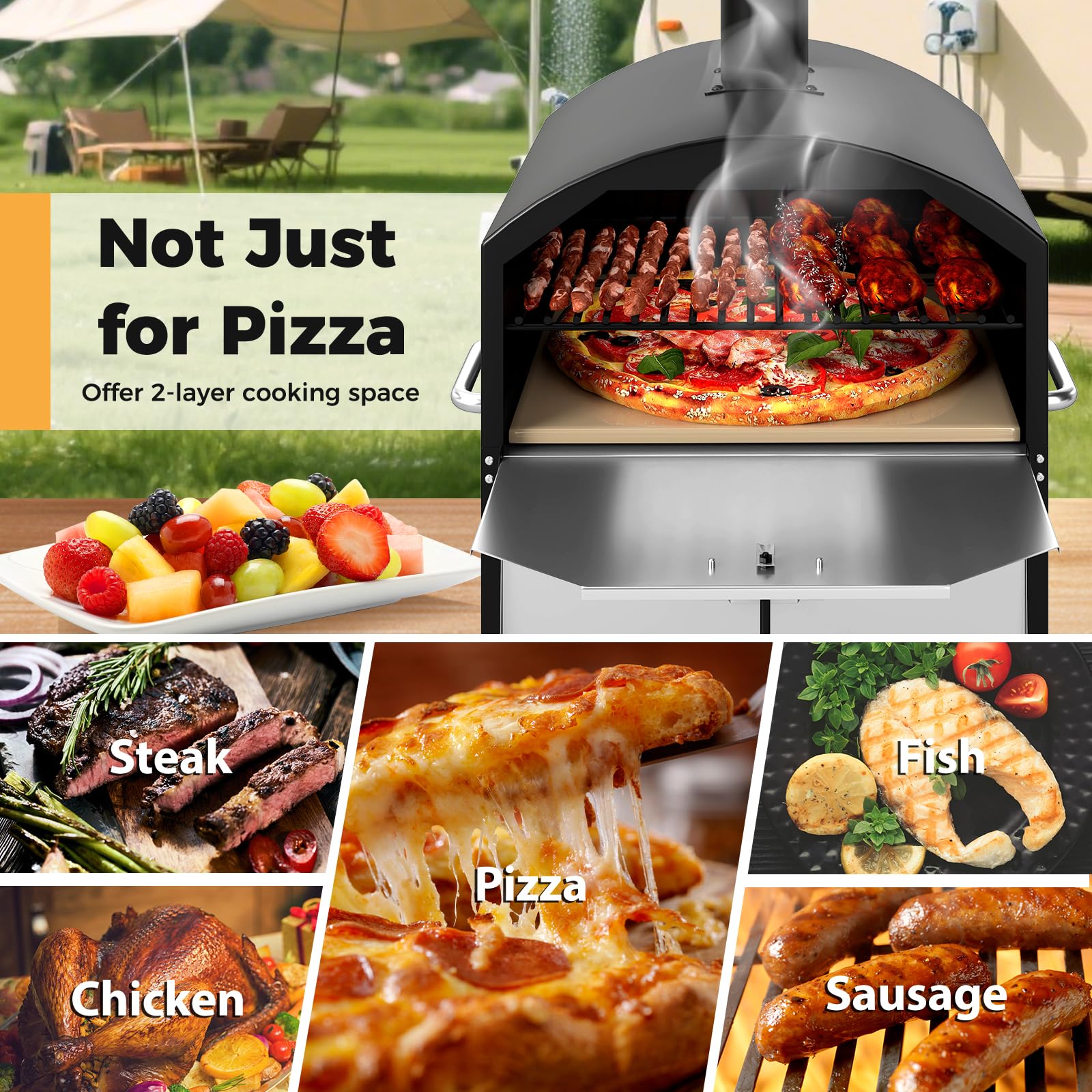 KOMFOTTEU Forno per Pizza da Esterno con 2 Strati, Griglia in Legno Portatile con Copertura Protettiva, Pietra per Pizza, Pala per Pizze, Griglia, Forno per Pizze per BBQ, Campeggio, Festa, Nero