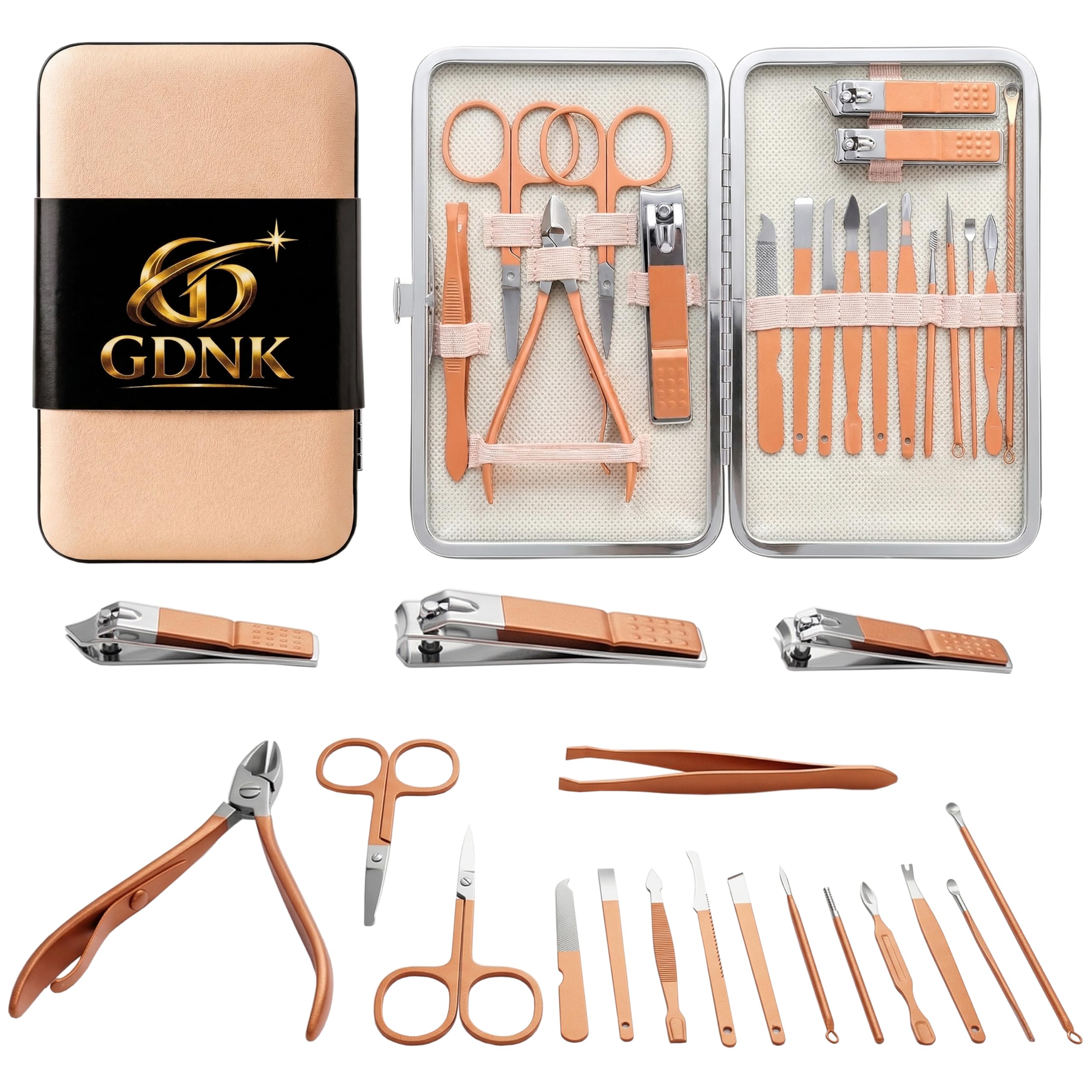 GDNK 18 in 1 Manicure Pedicure Kit Stainless Steel Nail Care Set with Nail Clipper, Scissors & Cuticle Tools Professional Grooming Kit for Men & Women With Travel Case (Rose Gold)