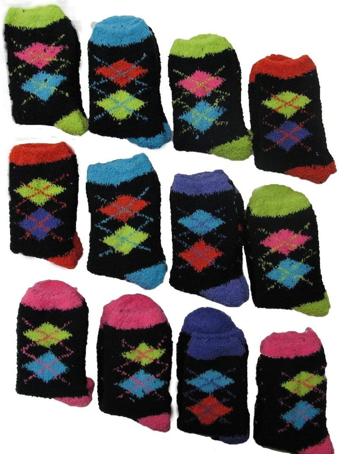 Argyle Soft & Fuzzy Socks, Size 9-11, Crew Length 12 pack