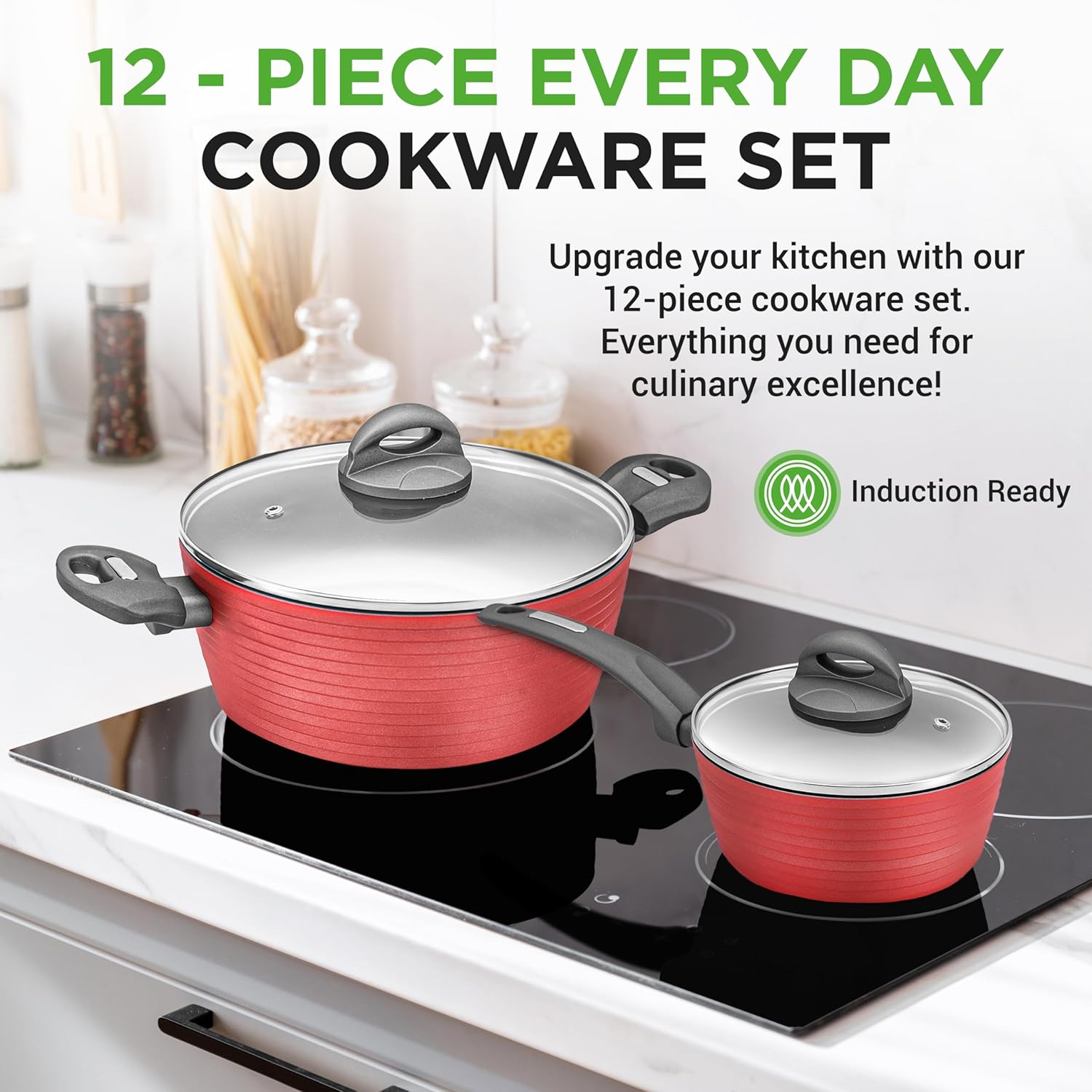 NutriChef 12-Piece Nonstick Kitchen Cookware Set-PTFE/PFOA/PFOS-Free Heat Resistant Lacquer Kitchen Ware Pots Pan Set Dark Gray/Red- Saucepot, Pans, Cooking Pot Oven Pot, Lid, Utensil - NCCW12RED - Image 2