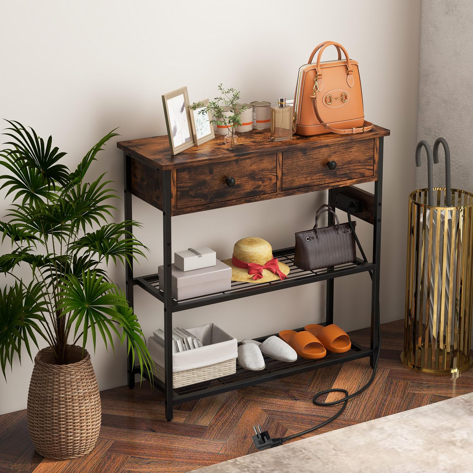 LIFEZEAL Mesa de Consola con Toma de Corriente y Puertos USB, Mesa de Pasillo Industrial Puertos USB, Mueble de Entrada con 2 Cajones, 81 x 30 x 81 cm, Marrón