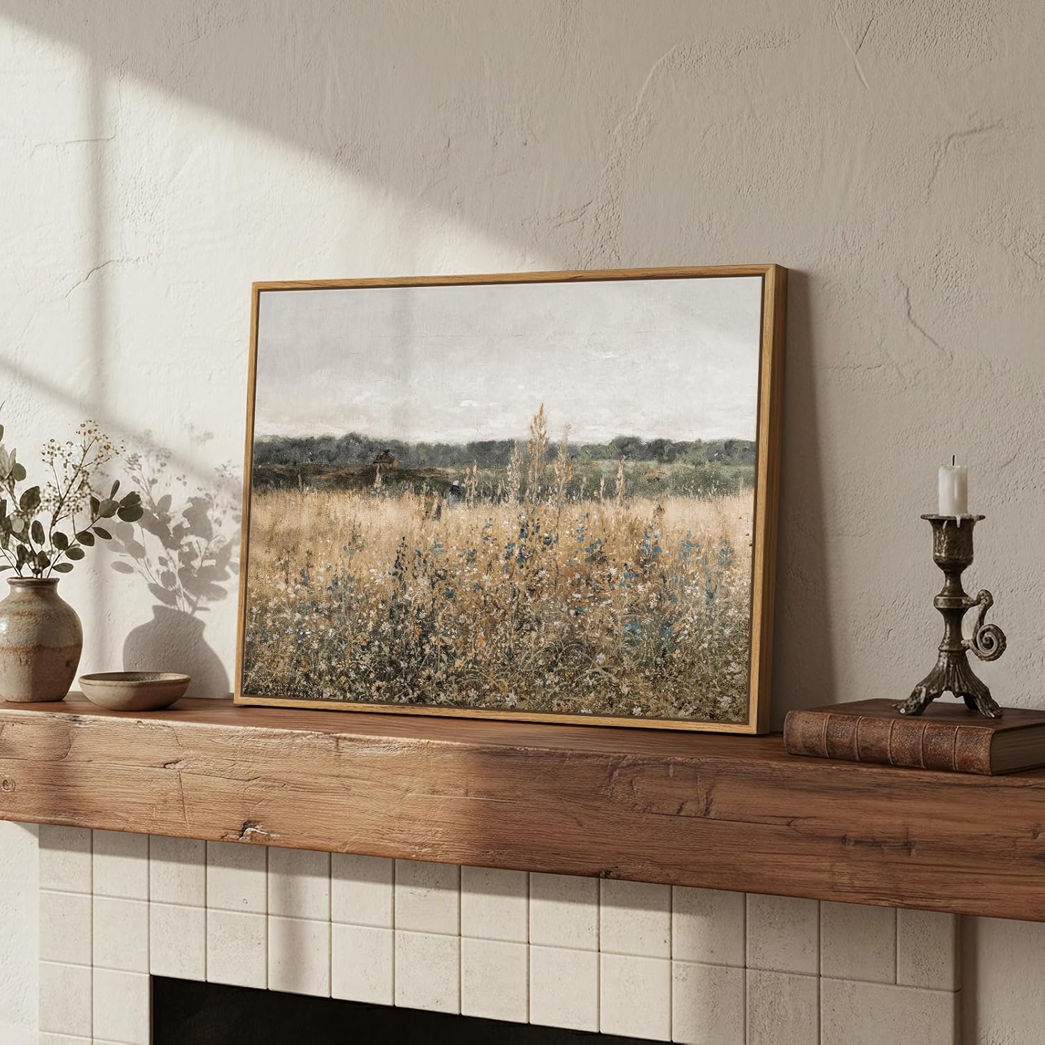Framed Rustic Country Landscape Wall Art for Room Wall Decor, Vintage Neutral Field Meadow Artwork for Walls, Farmhouse Nature Canvas Painting Picture for Living Room Bedroom Bathroom Kitchen 12x16 In